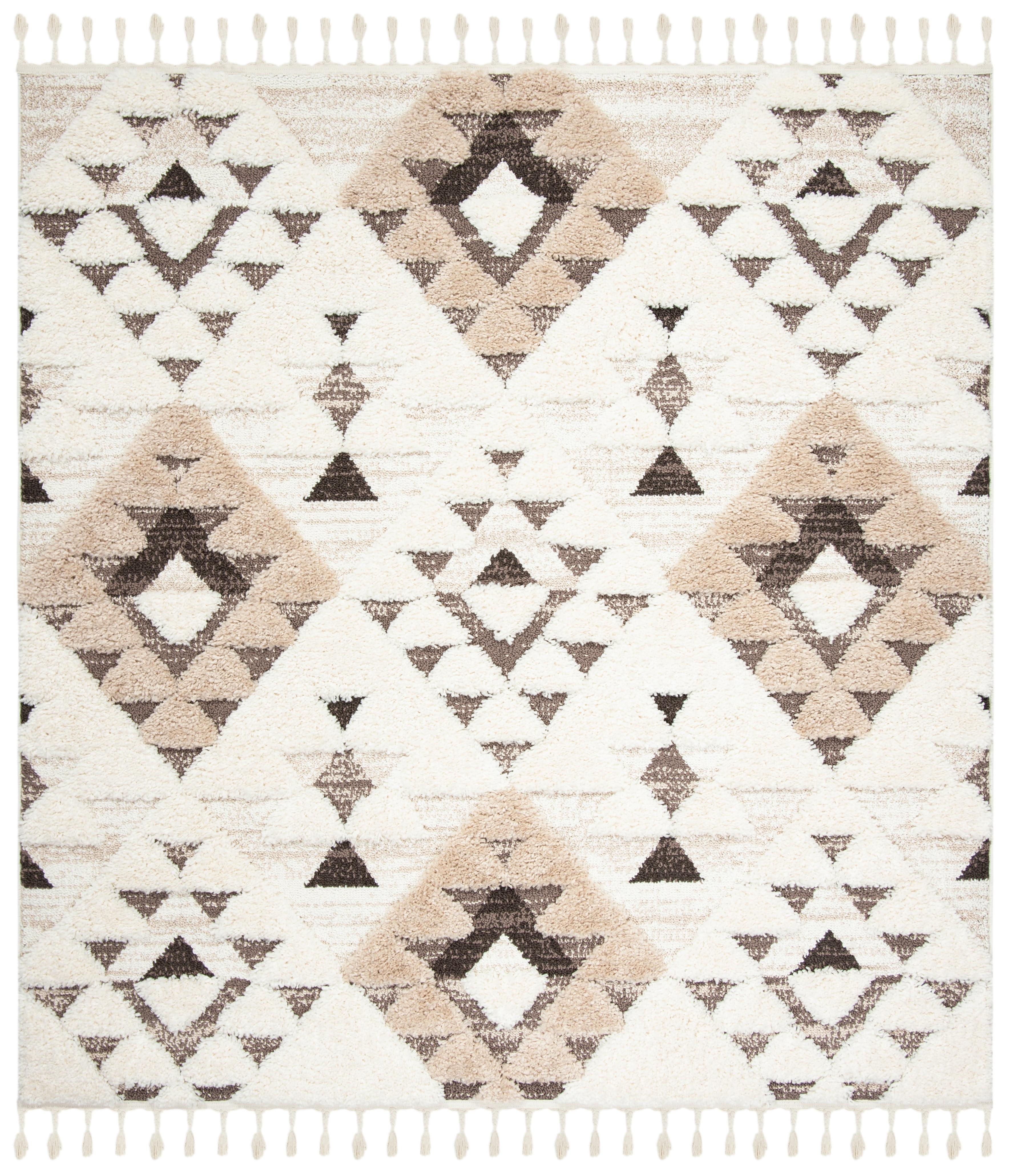 SAFAVIEH Moroccan Tassel Larry Geometric Shag Area Rug, Ivory/Brown, 8' x 8' Square