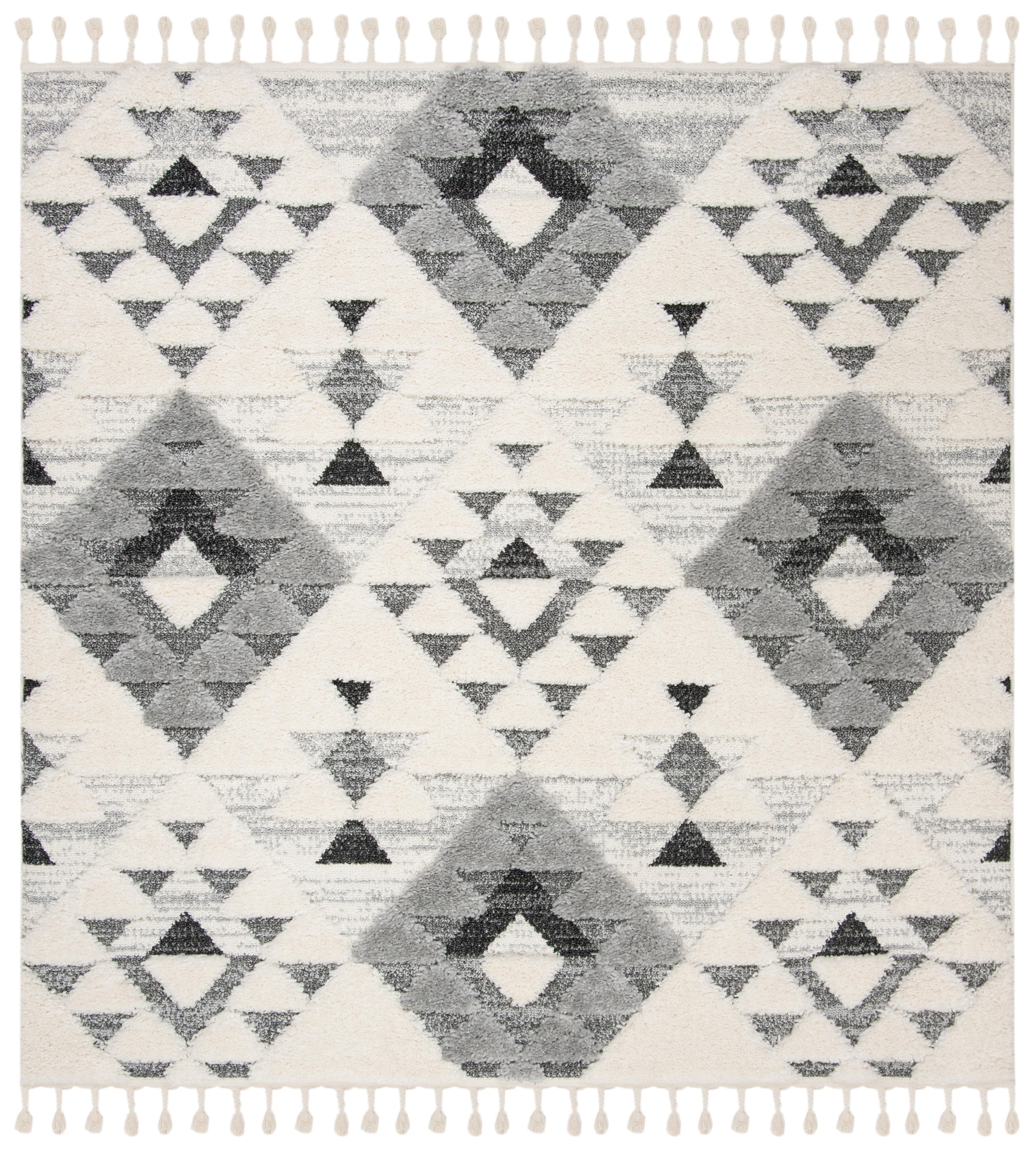 SAFAVIEH Moroccan Tassel Larry Geometric Shag Area Rug, Ivory/Grey, 10' x 10' Square