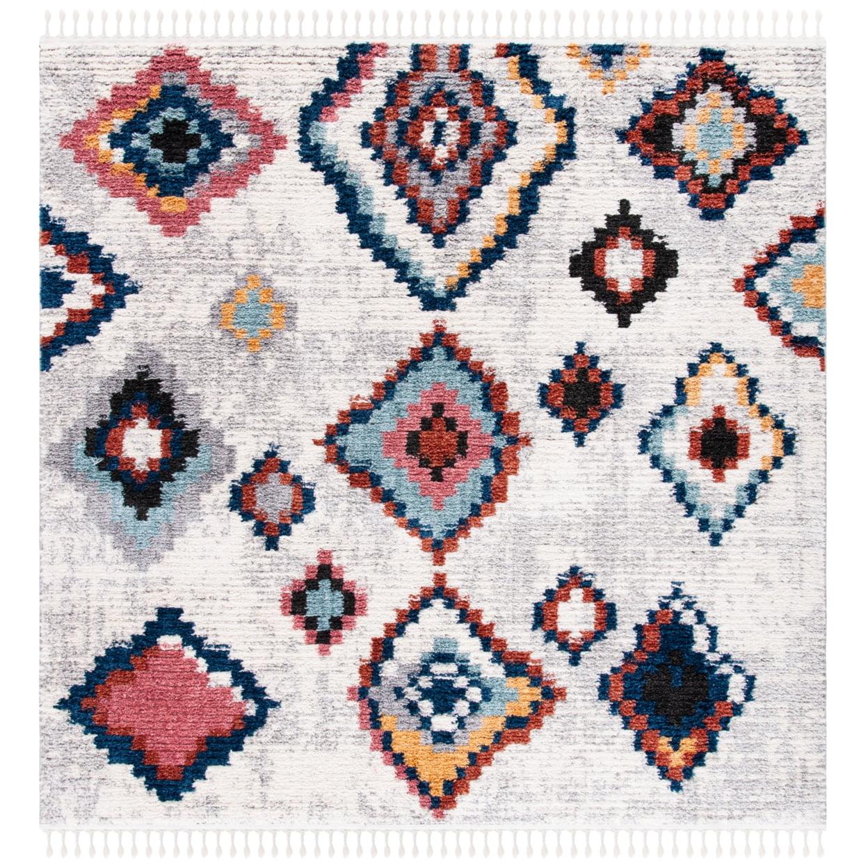 Ivory and Multicolor Square Boho Synthetic Area Rug