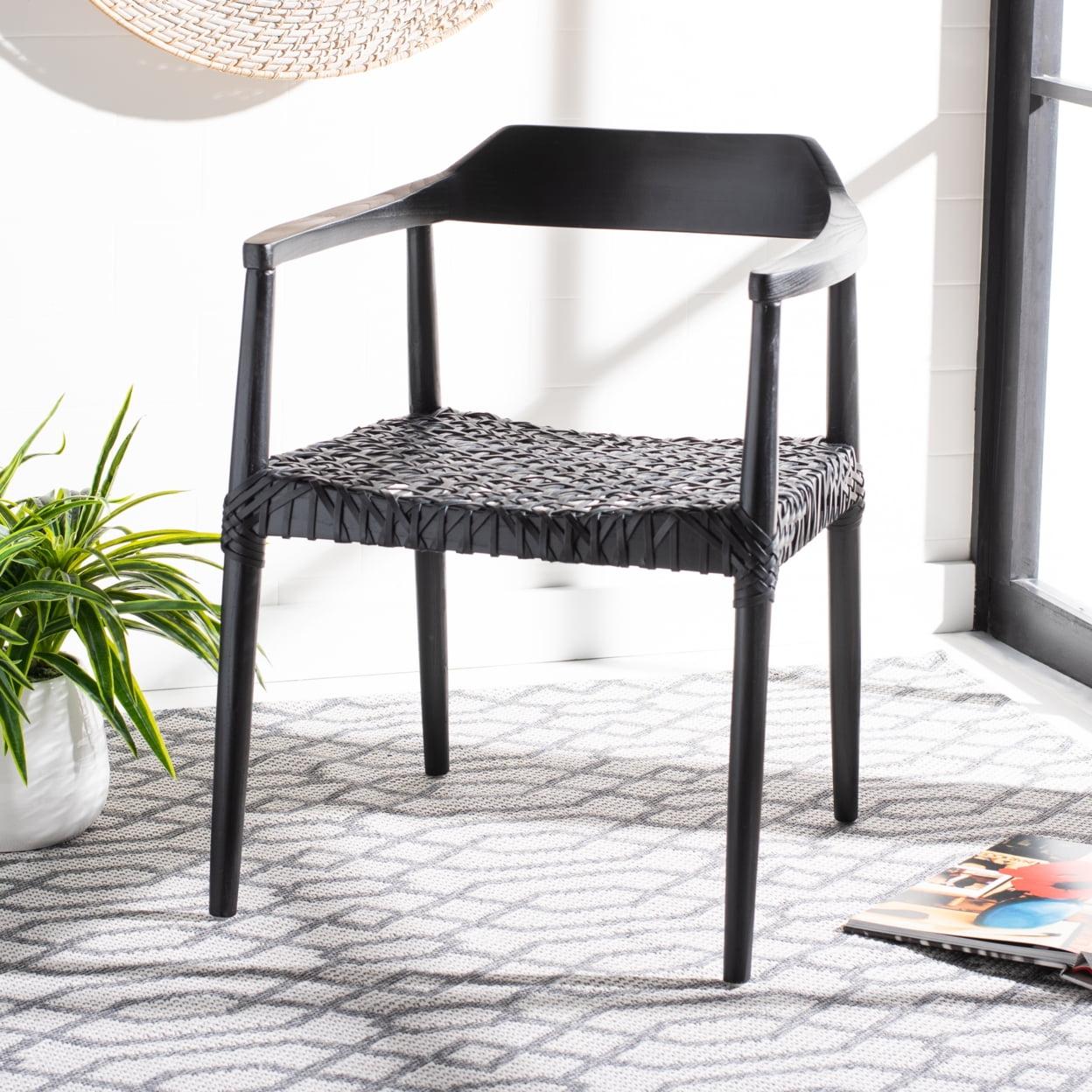 SAFAVIEH Munro Leather Woven Accent Chairs, Black (Sungkai Wood Frame)/Black (Leather Seat) (22 in. W x 20.5 in. D x 28.5 in. H)