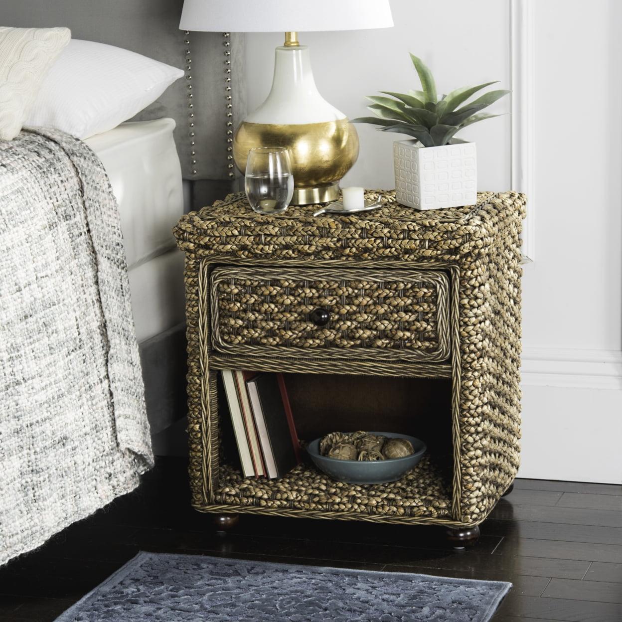 Musa Braided Brown Wash Wicker Nightstand With Drawer And 8"H Storage - Brown Wash - Safavieh.