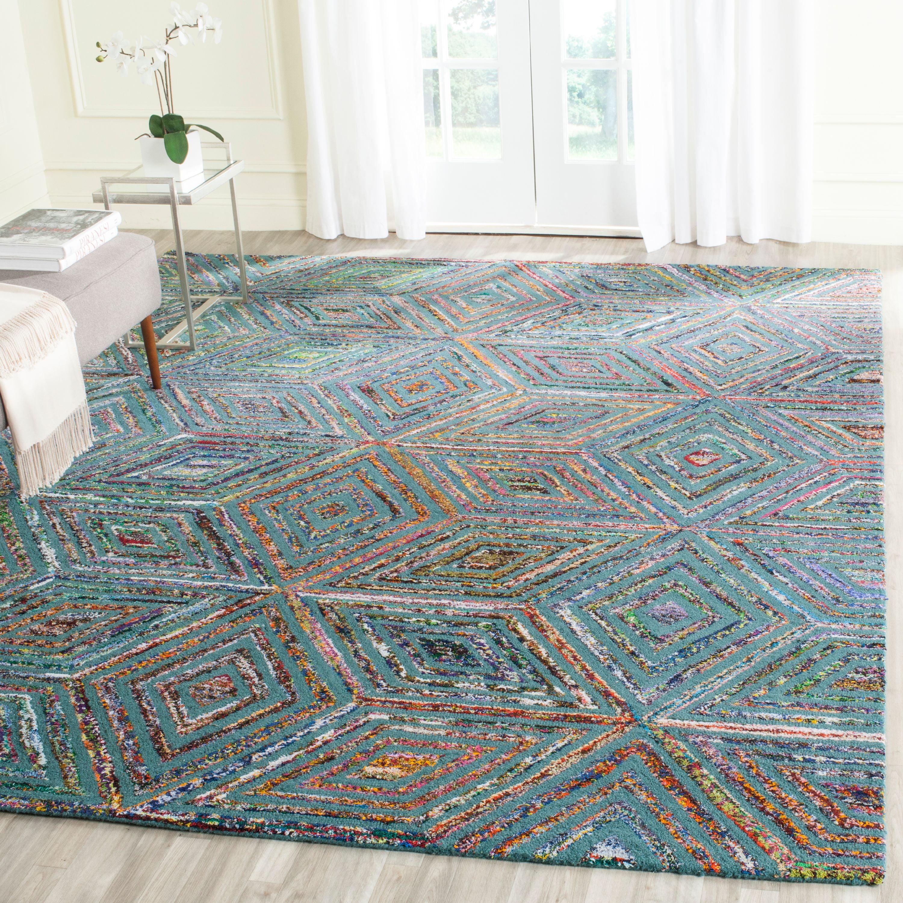 Handmade Blue Geometric Wool and Cotton Area Rug, 8' x 10'