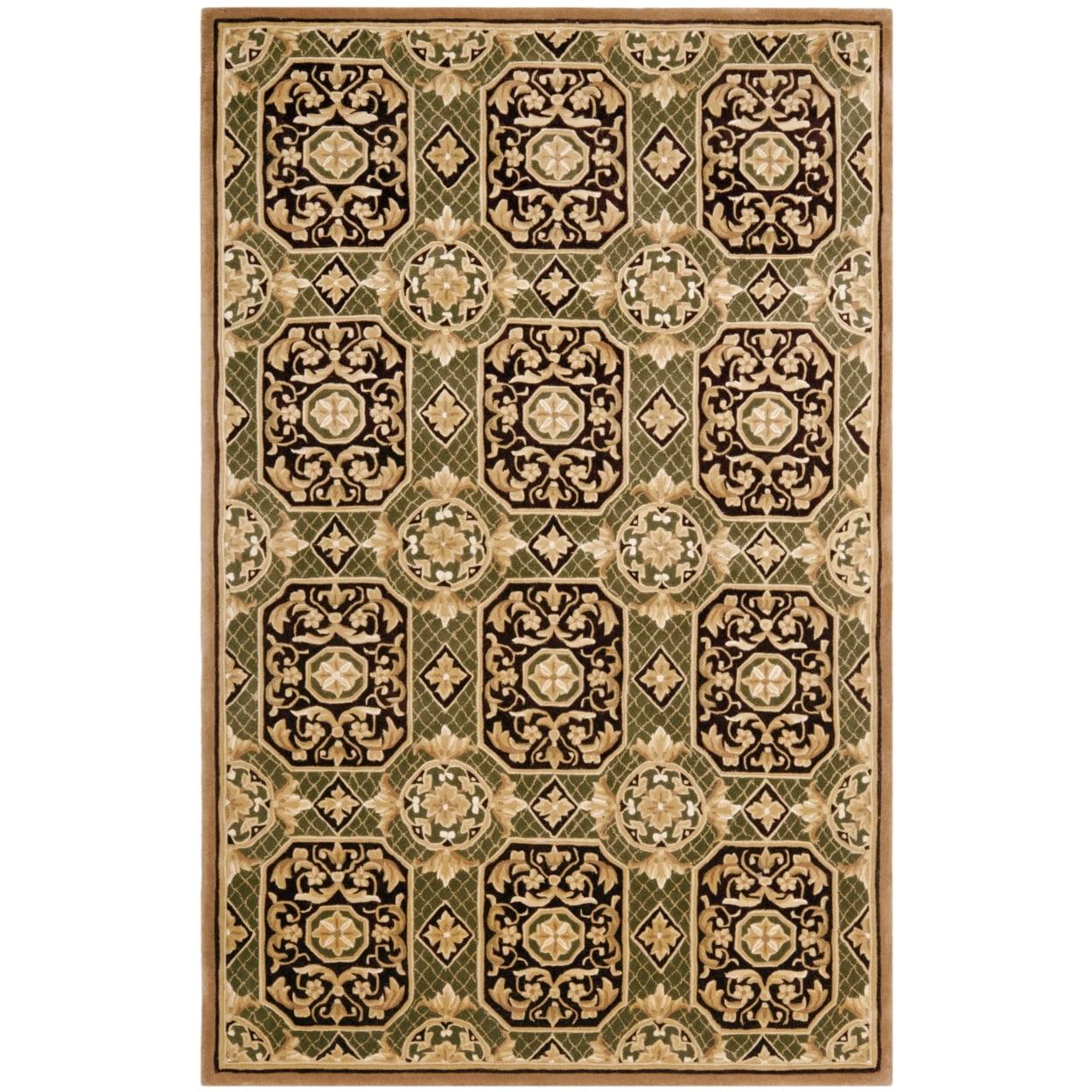 Ivory and Green Handmade Wool Tufted Rug, 5' x 8'