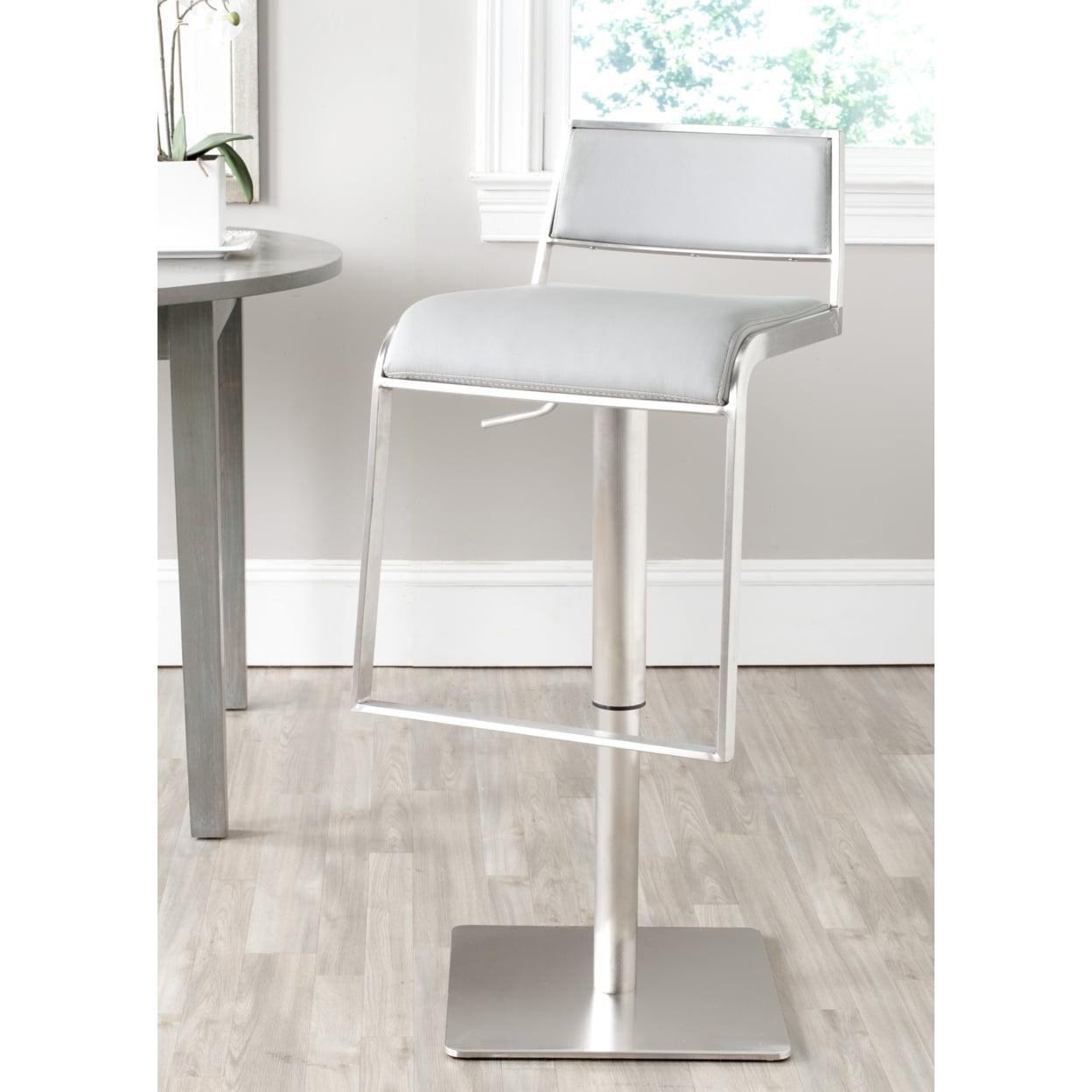 Gray Adjustable Swivel Bar Stool with Metal Base and Leather Seat