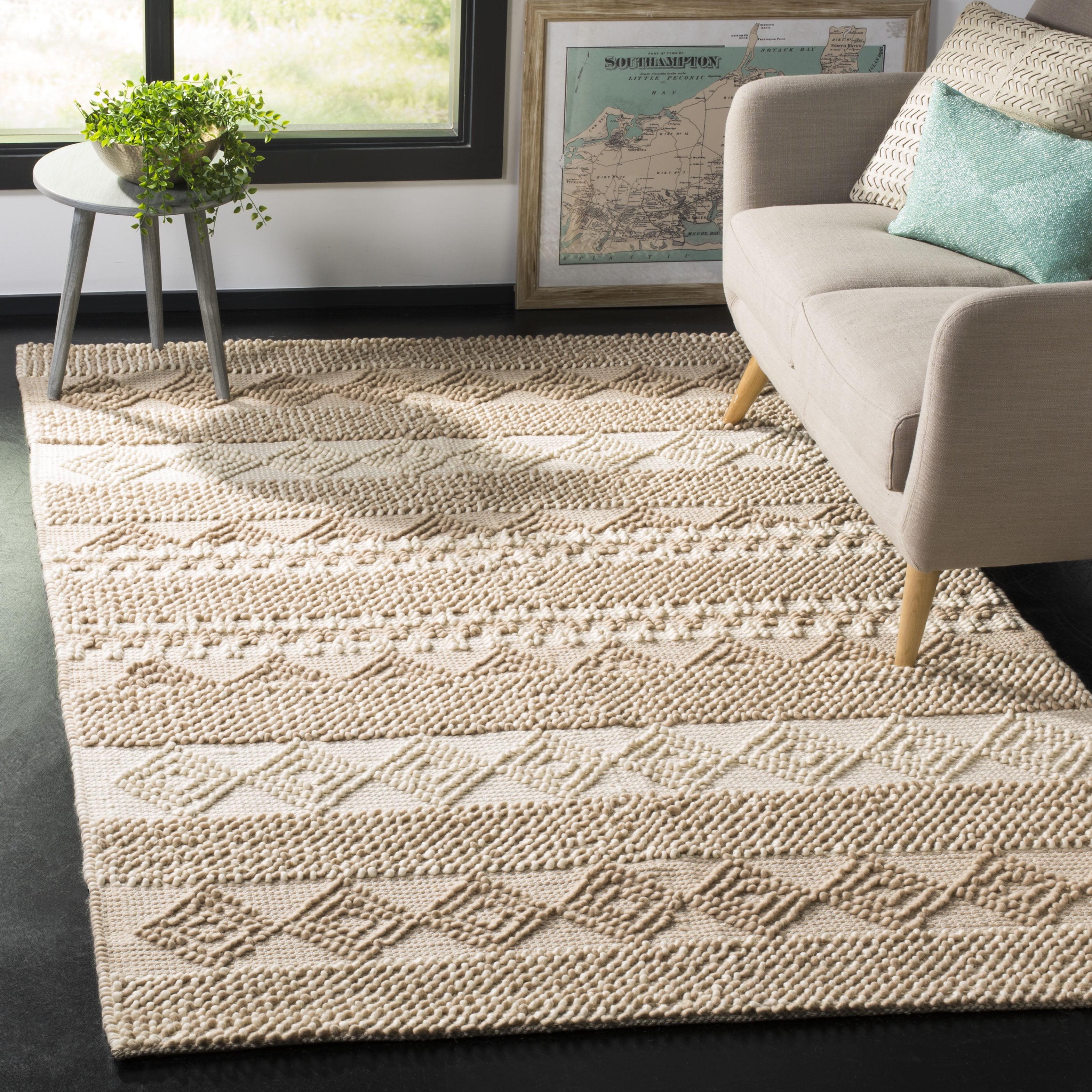 Ivory Geometric Handmade Wool Tufted Area Rug, 5' x 8'