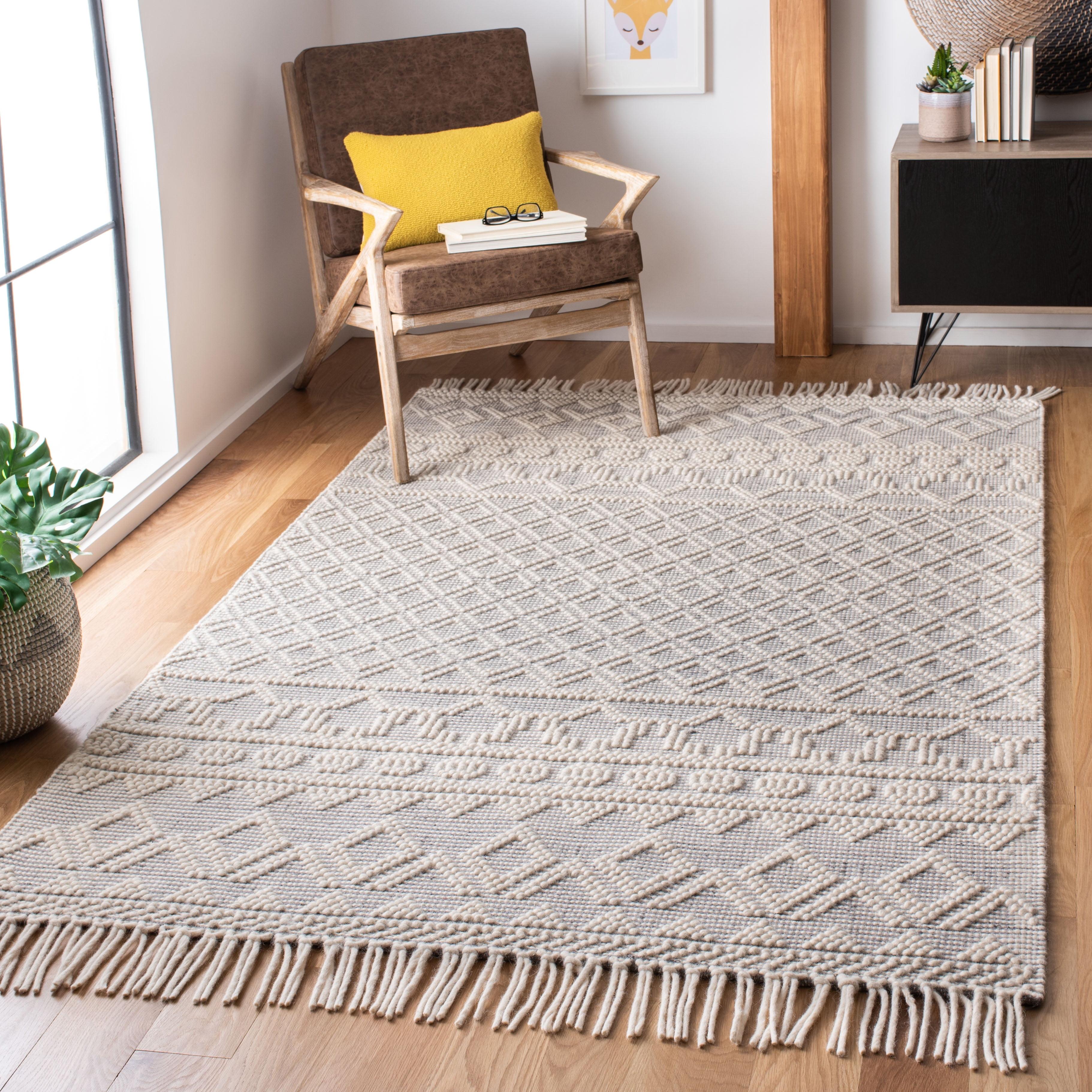 Ivory and Grey Geometric Wool Flat Woven Area Rug