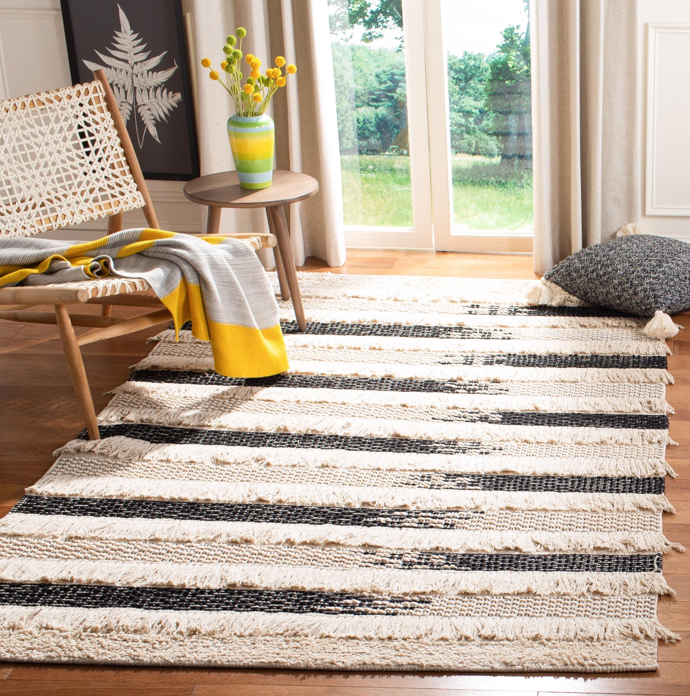 Ivory and Black Striped Wool Cotton Area Rug, 5' x 8'