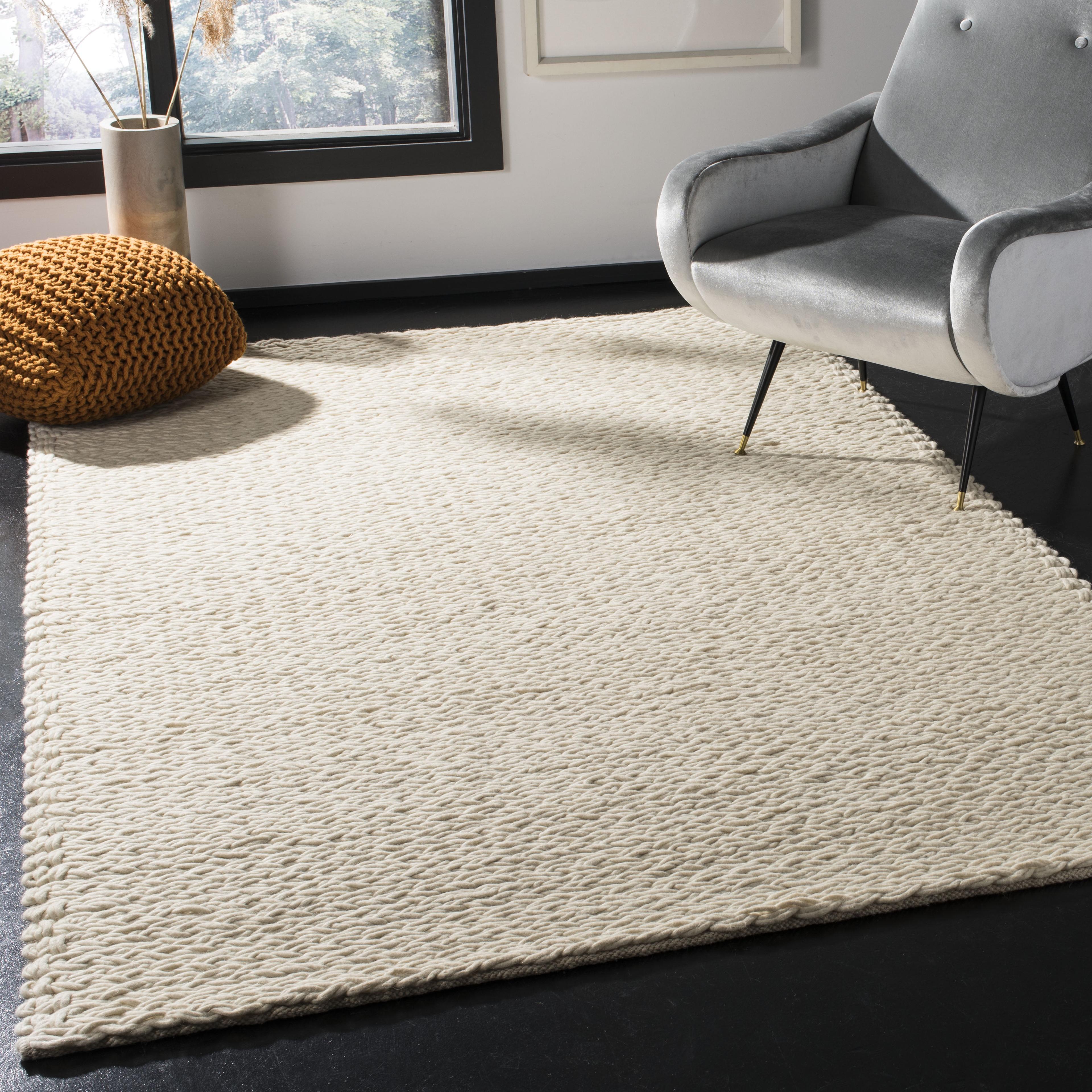 Ivory Braided Hand-Tufted Wool Square Area Rug, 5' x 8'