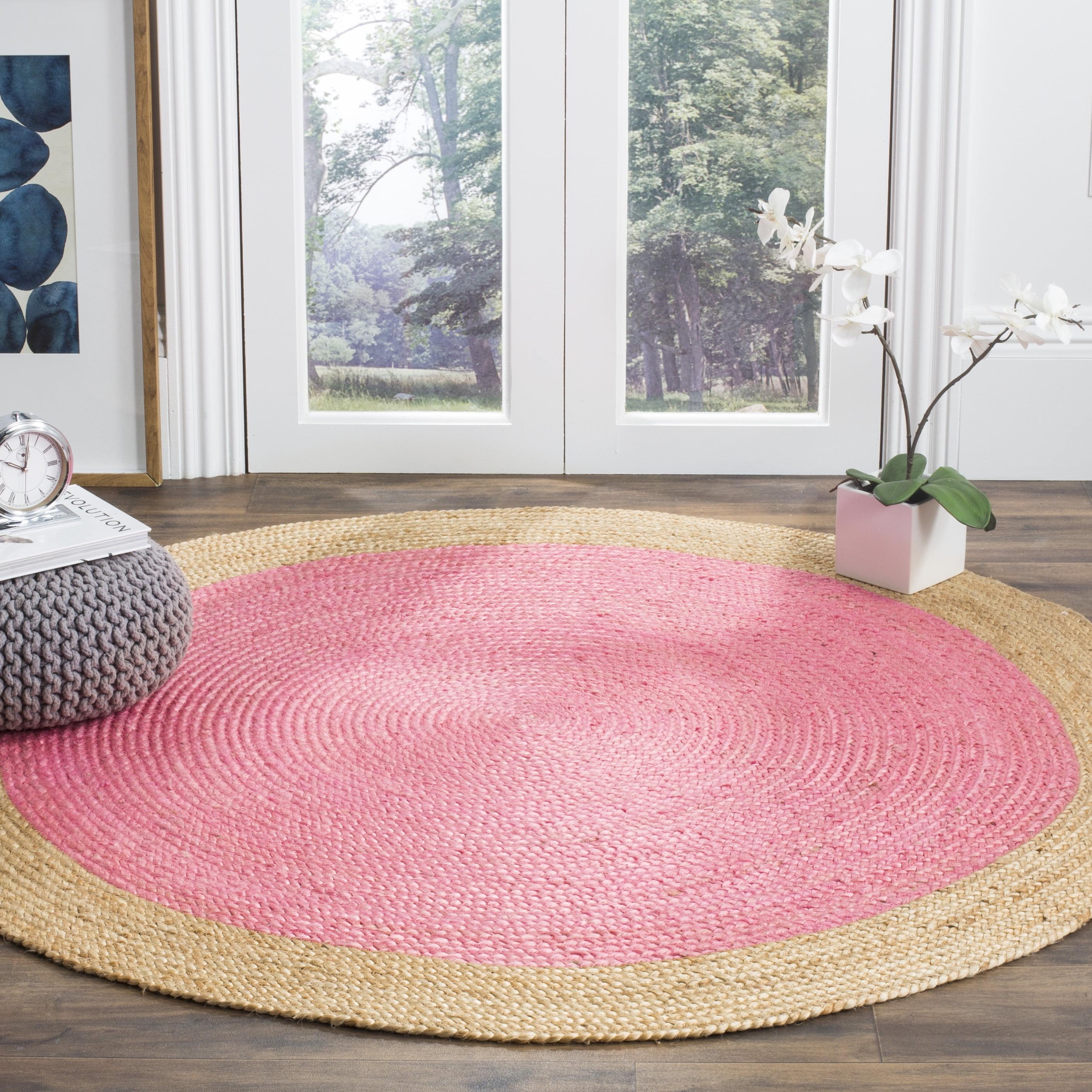 Pink and Natural Round Jute Area Rug, 4' Diameter