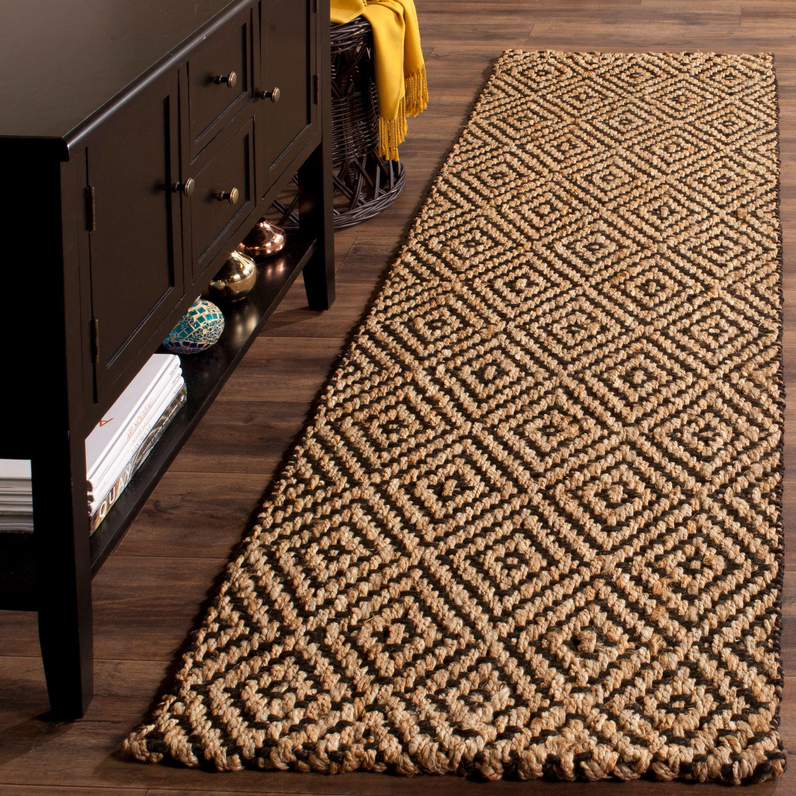 Handmade Black and Natural Jute Geometric Runner Rug