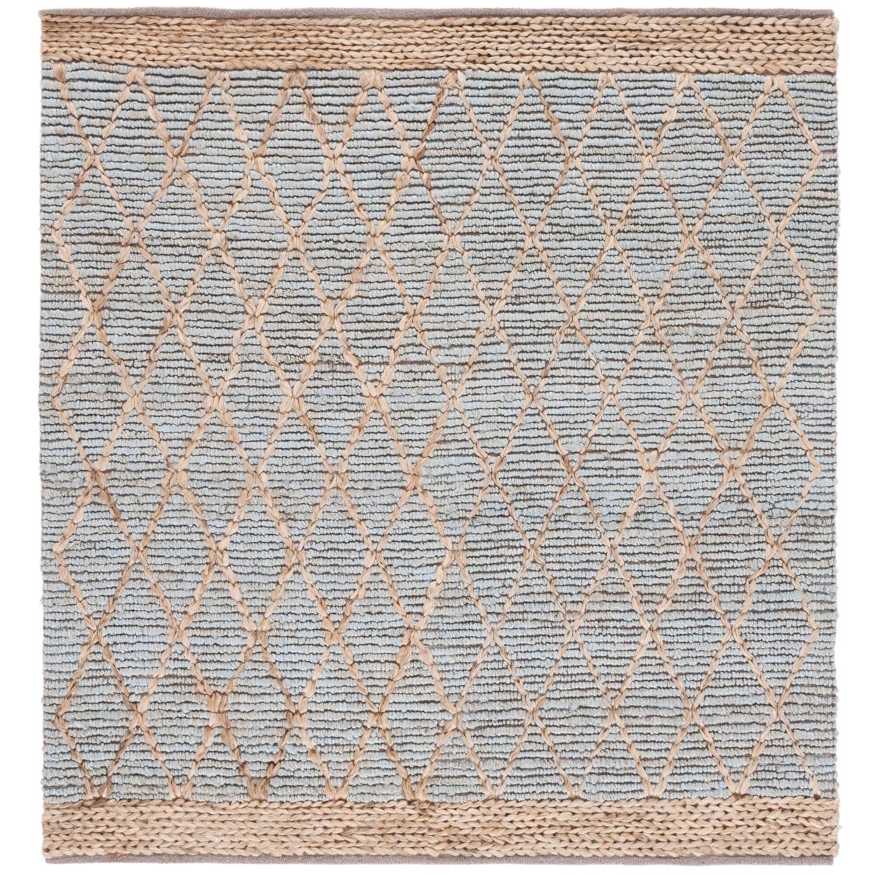 Hand-Knotted Boho Trellis 6' Square Rug in Light Blue Cotton