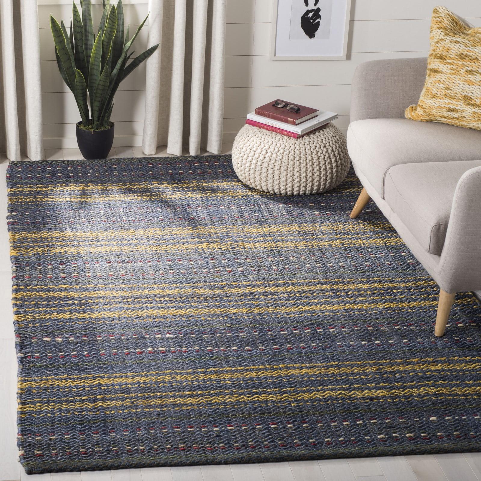 Blue and Gold Handwoven Jute Area Rug, 8' x 10'