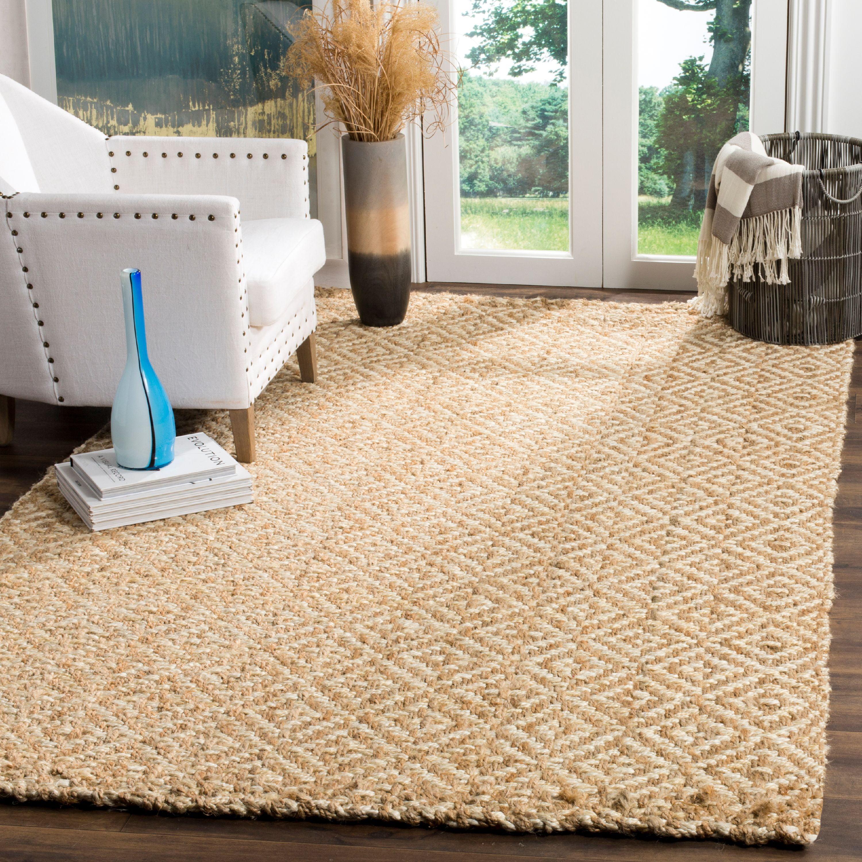 Ivory Geometric Handwoven Jute 6' Square Rug with Non-Slip Backing