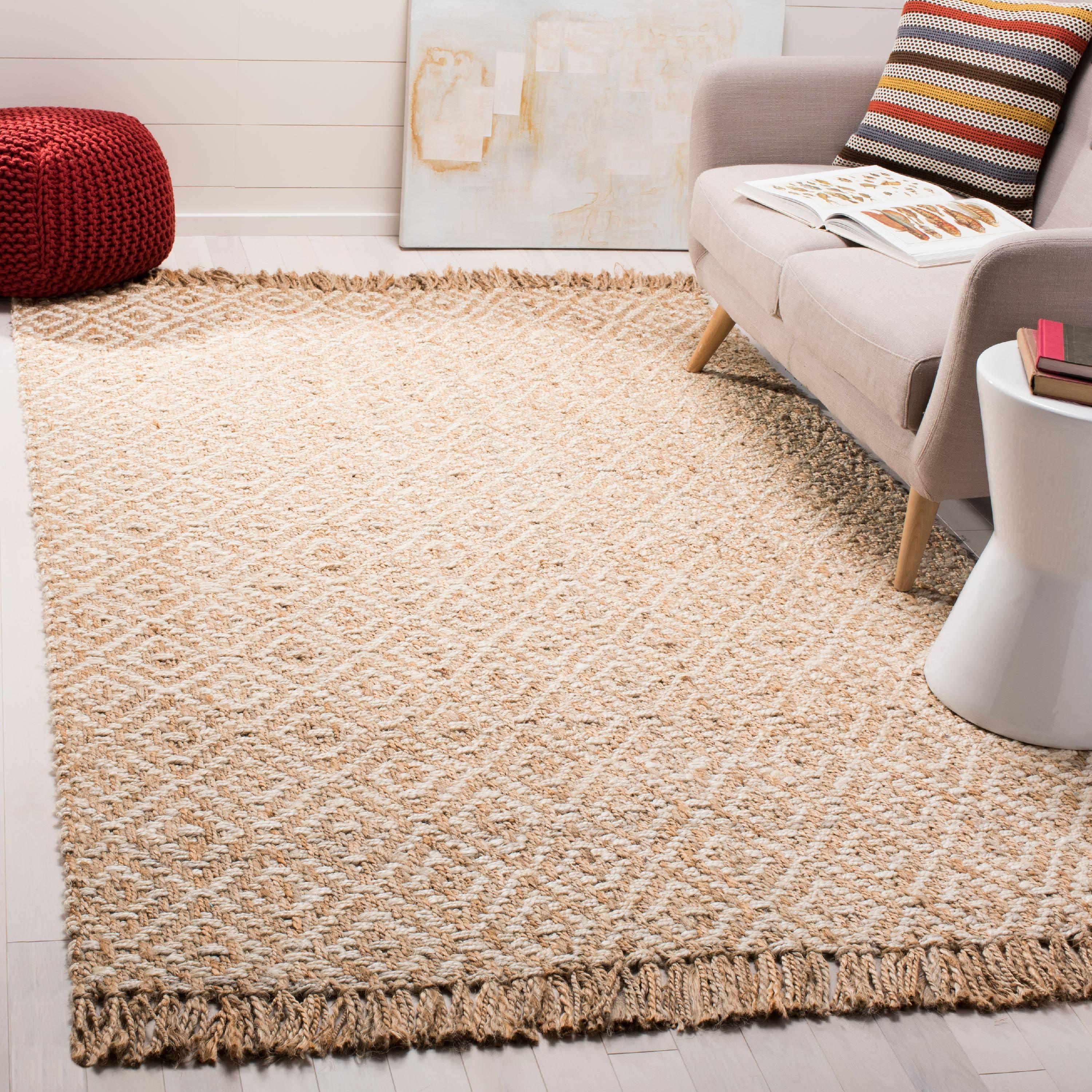 Ivory and Natural Hand-Knotted Geometric Jute Rug