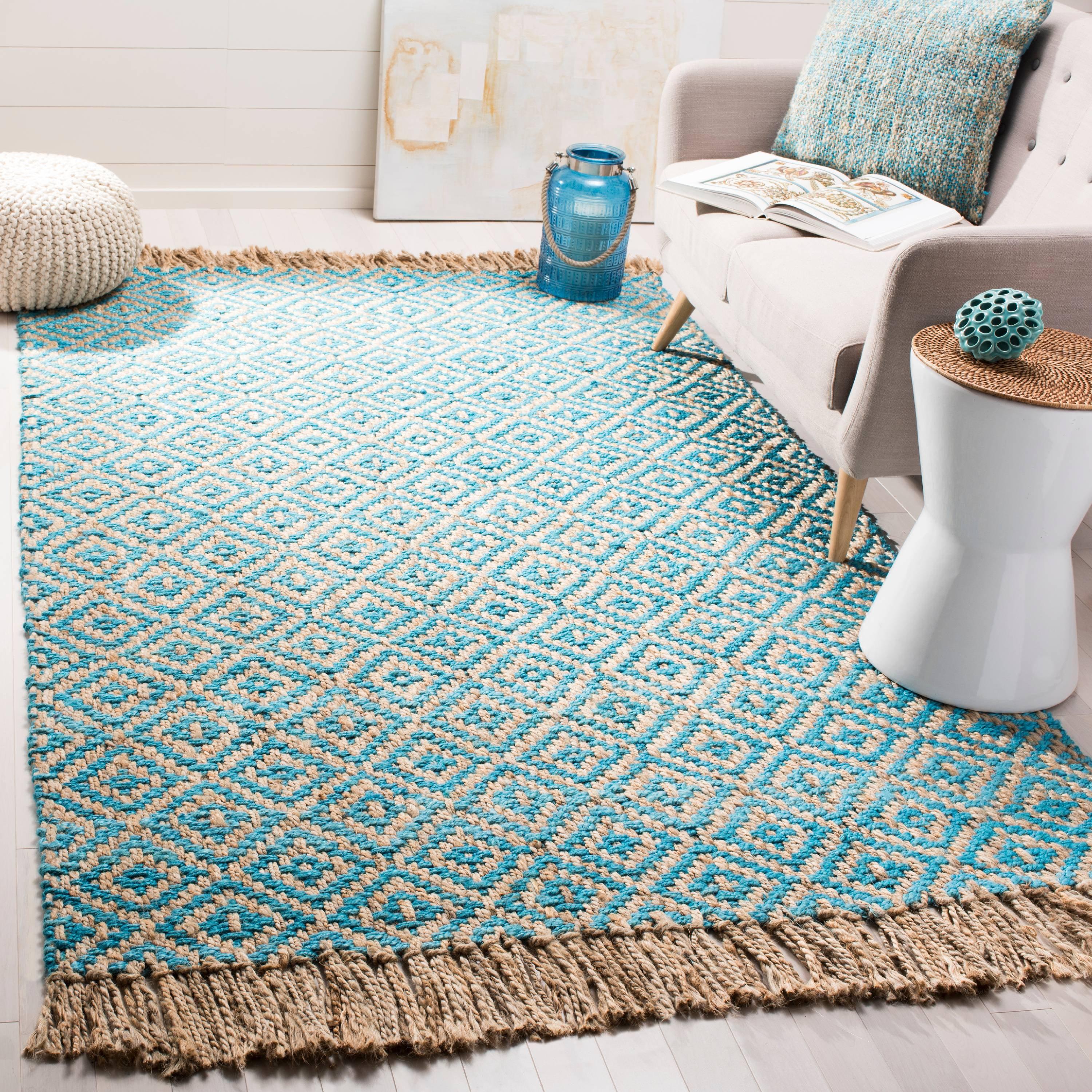 Handmade Turquoise and Natural Geometric Jute Area Rug