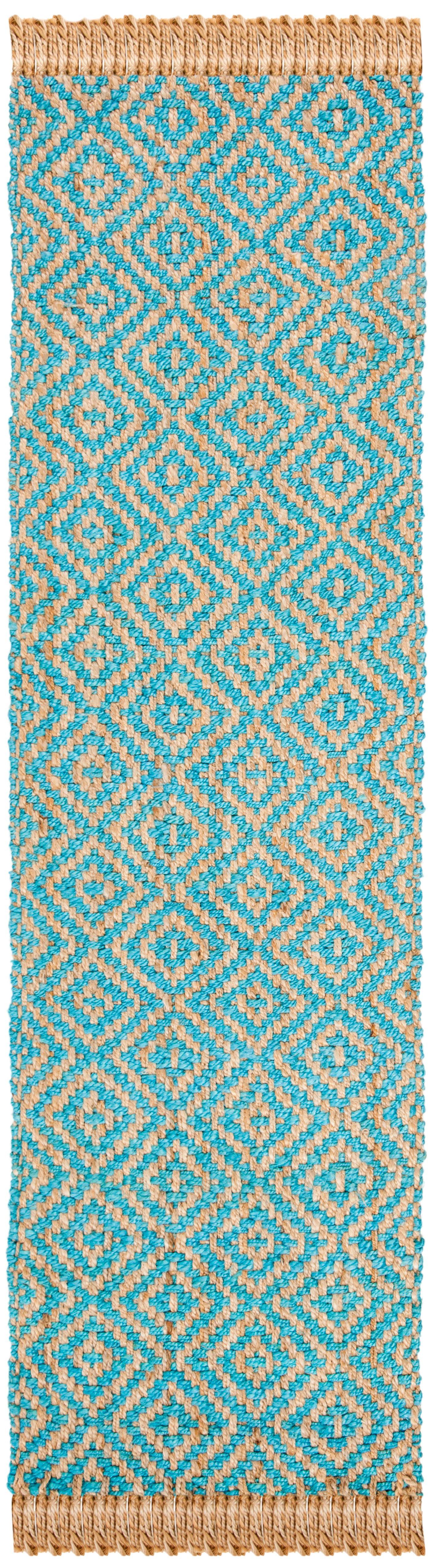 Turquoise and Natural Geometric Hand-Knotted Jute Runner Rug