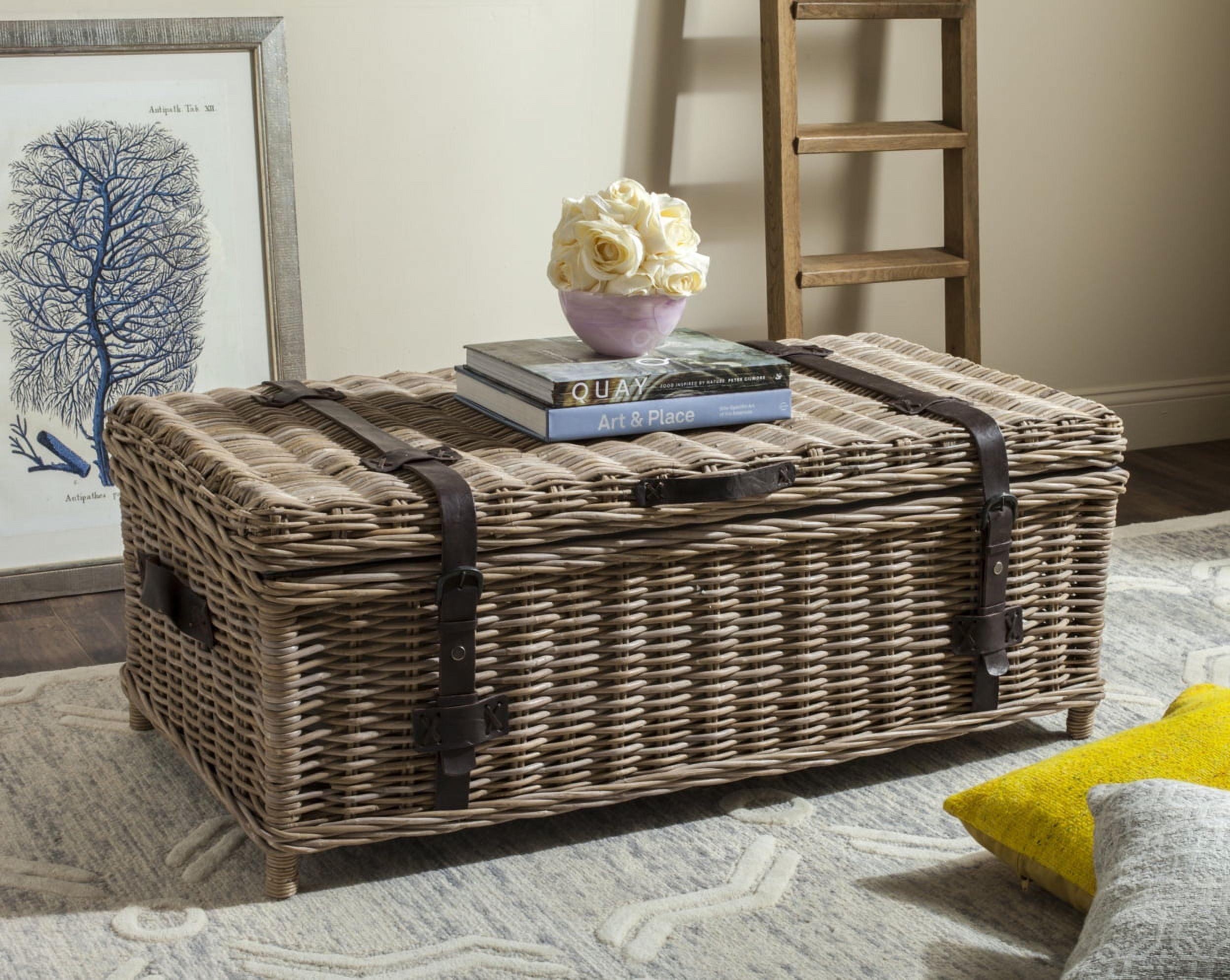 Transitional Gray Wood Storage Trunk Coffee Table with Faux Leather Straps