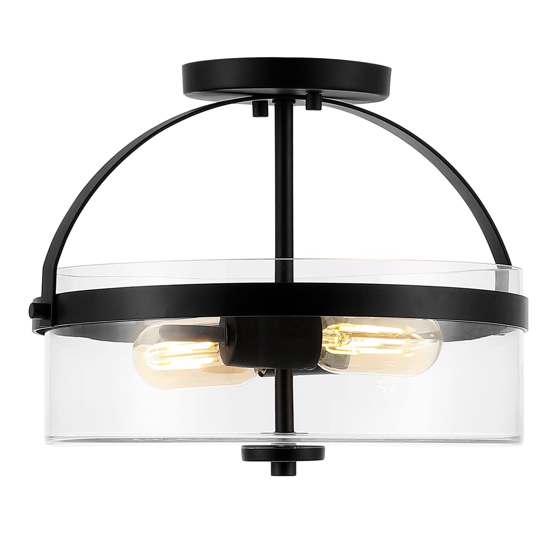 SAFAVIEH Nensor 13 in. Farmhouse 2-Light Black Metal Mount Light with Clear Shade