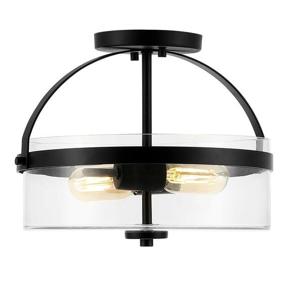 SAFAVIEH Nensor 13 in. Farmhouse 2-Light Black Metal Mount Light with Clear Shade