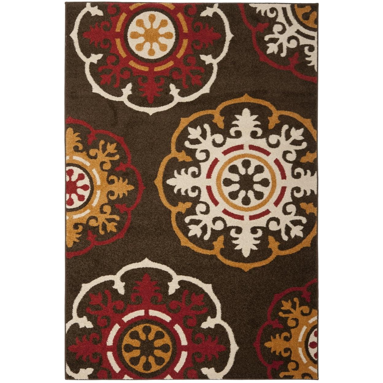 Brown and Red Floral Synthetic Rectangular Rug, 5'1" x 7'6"