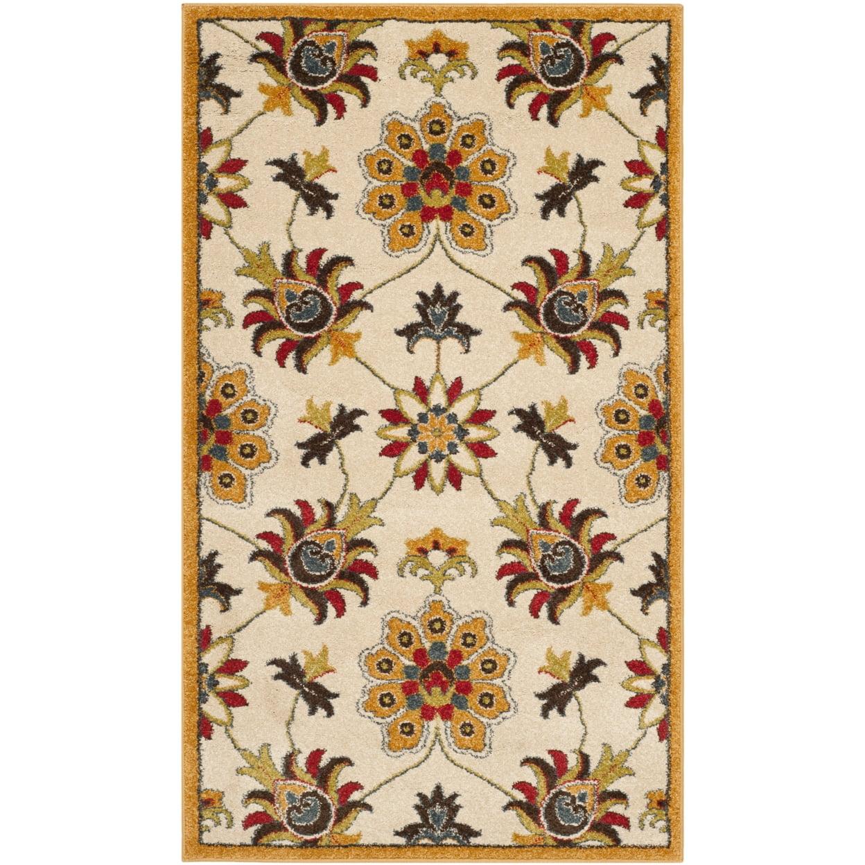 Ivory and Gold Floral Synthetic 3' x 5' Rug