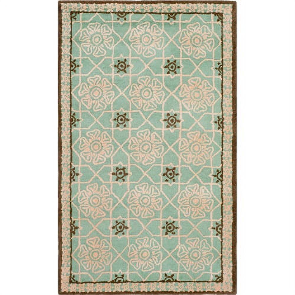 Teal and Ivory Hand-Hooked Cotton Area Rug 3'9" x 5'9"