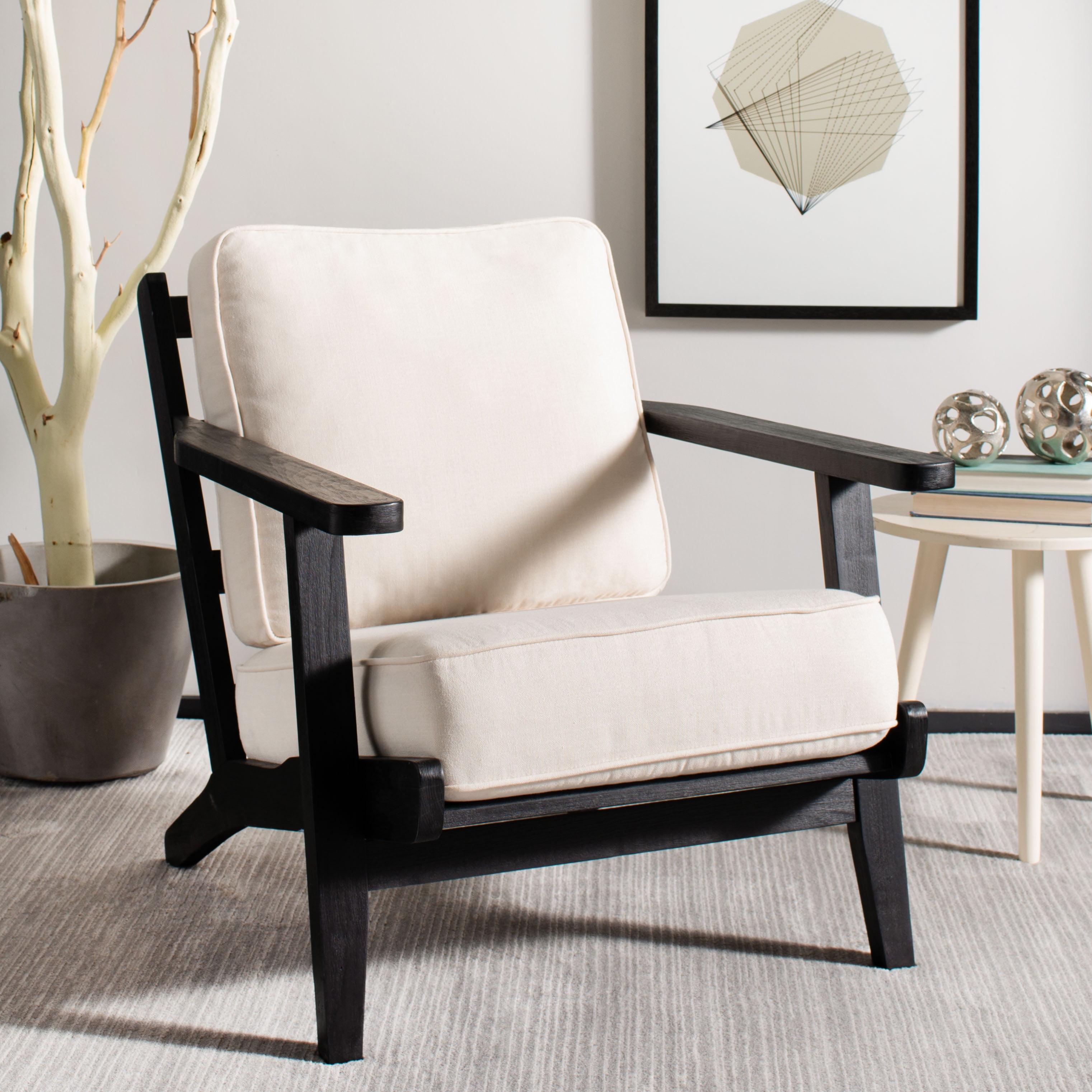 Bone White Linen and Black Oak Mid-Century Arm Chair