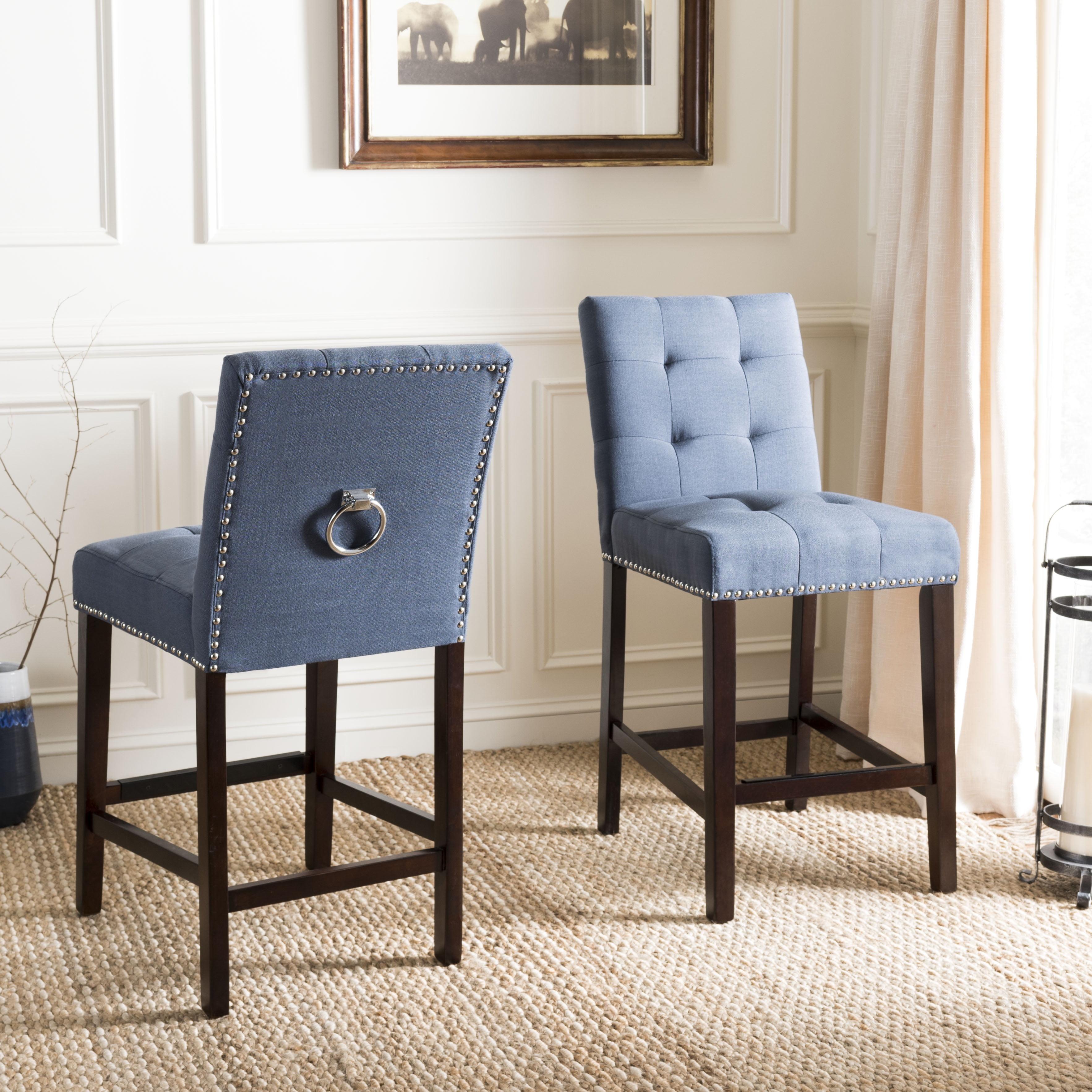 Navy Blue Tufted Linen Transitional Counter Stool, Set of 2