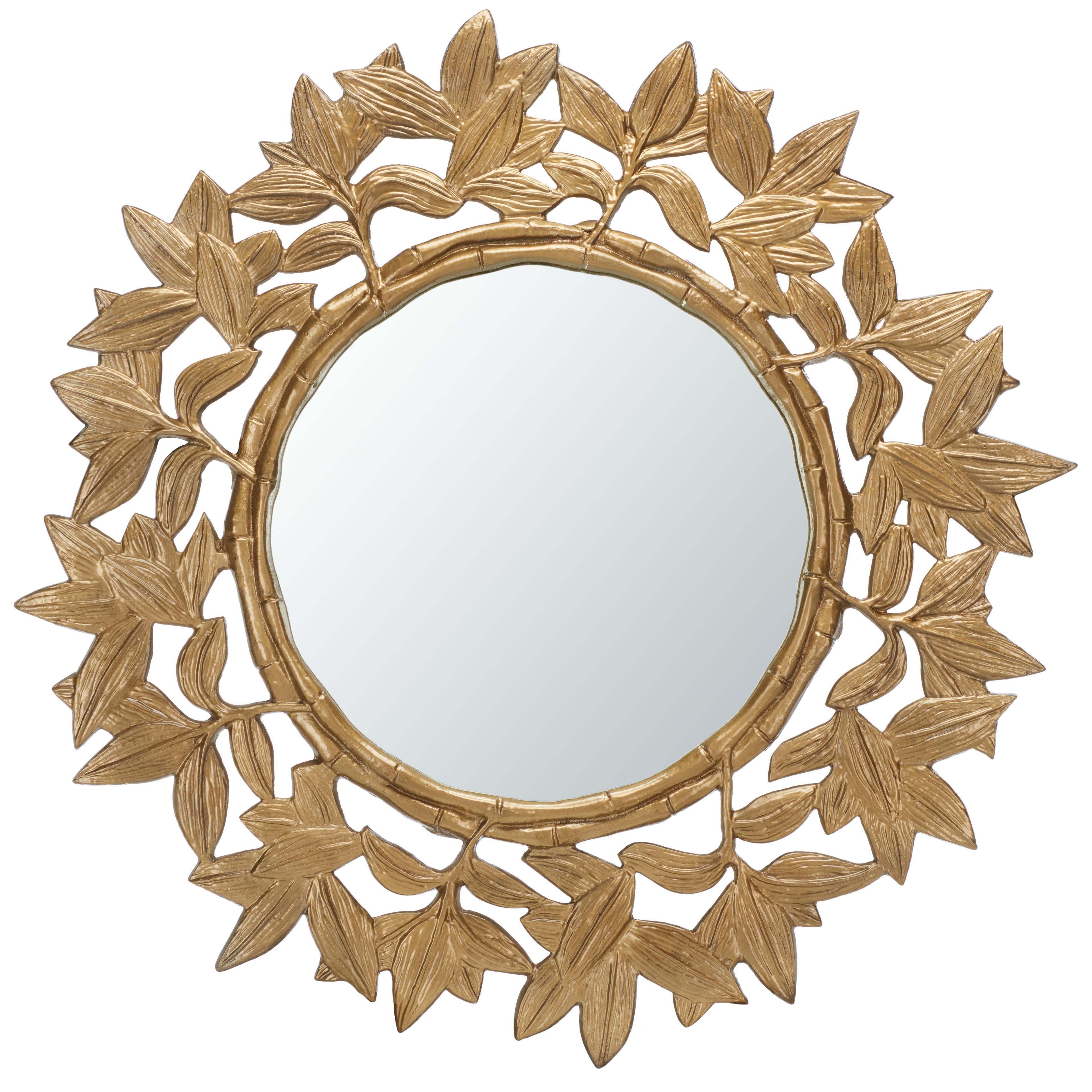 Antique Brass Sunburst Round Wood Vanity Mirror