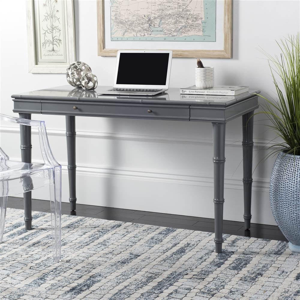 Transitional Gray Home Office Desk with Bamboo-Inspired Frame