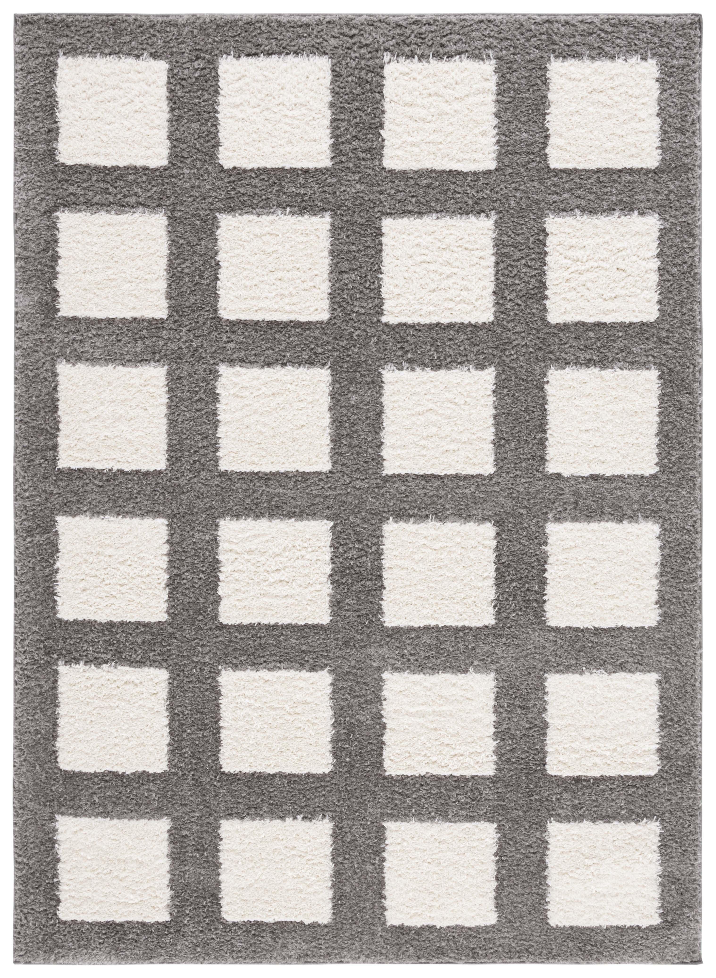 Gray and Ivory Geometric Shag Area Rug, 5'3" x 7'6"