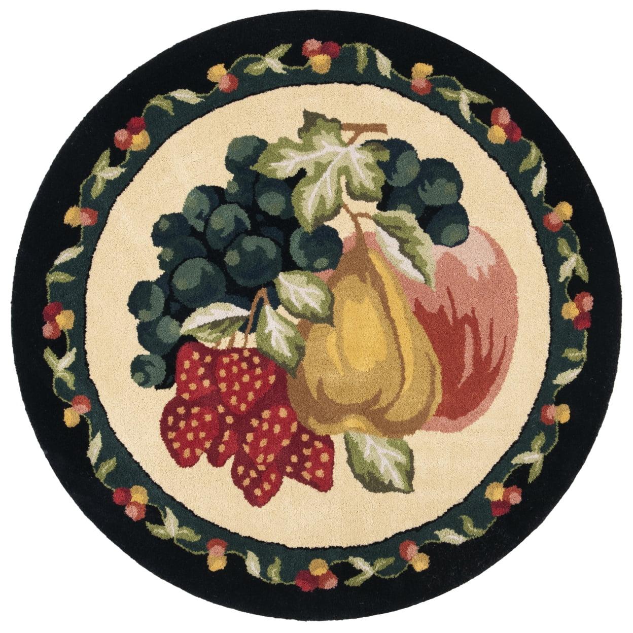 Black and Ivory Round Hand-Tufted Wool Rug with Fruit Design