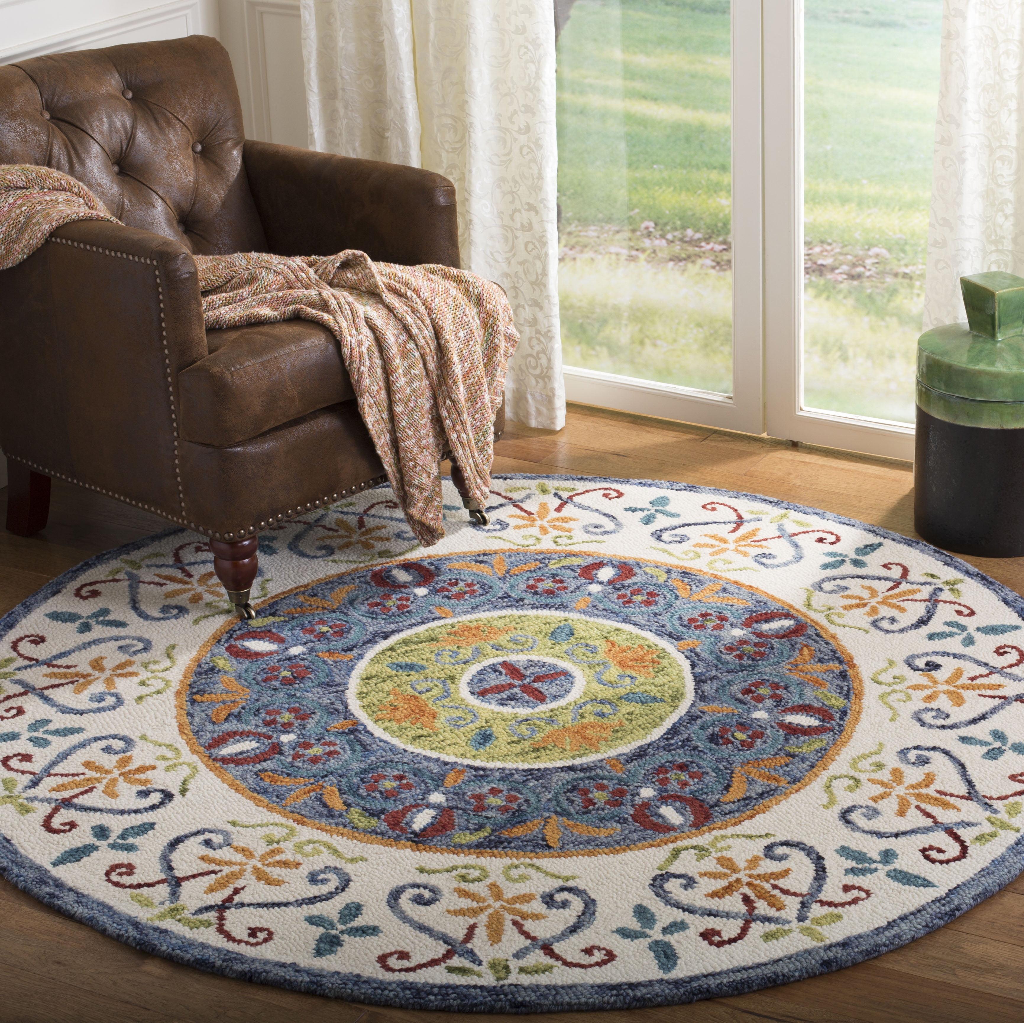 Handmade Blue and Ivory Floral Tufted Wool Round Rug