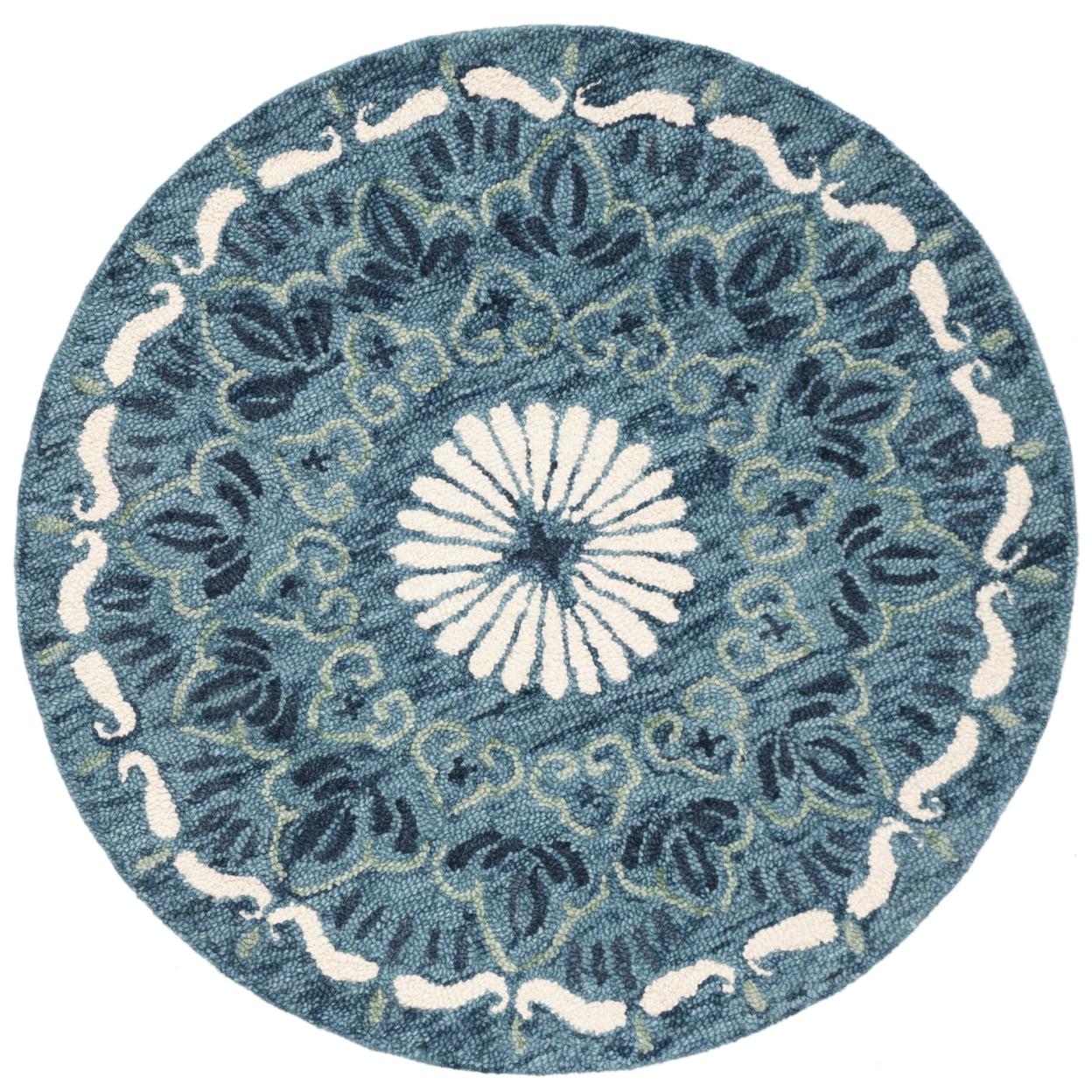 Ivory and Blue Round Tufted Wool Rug, 3'