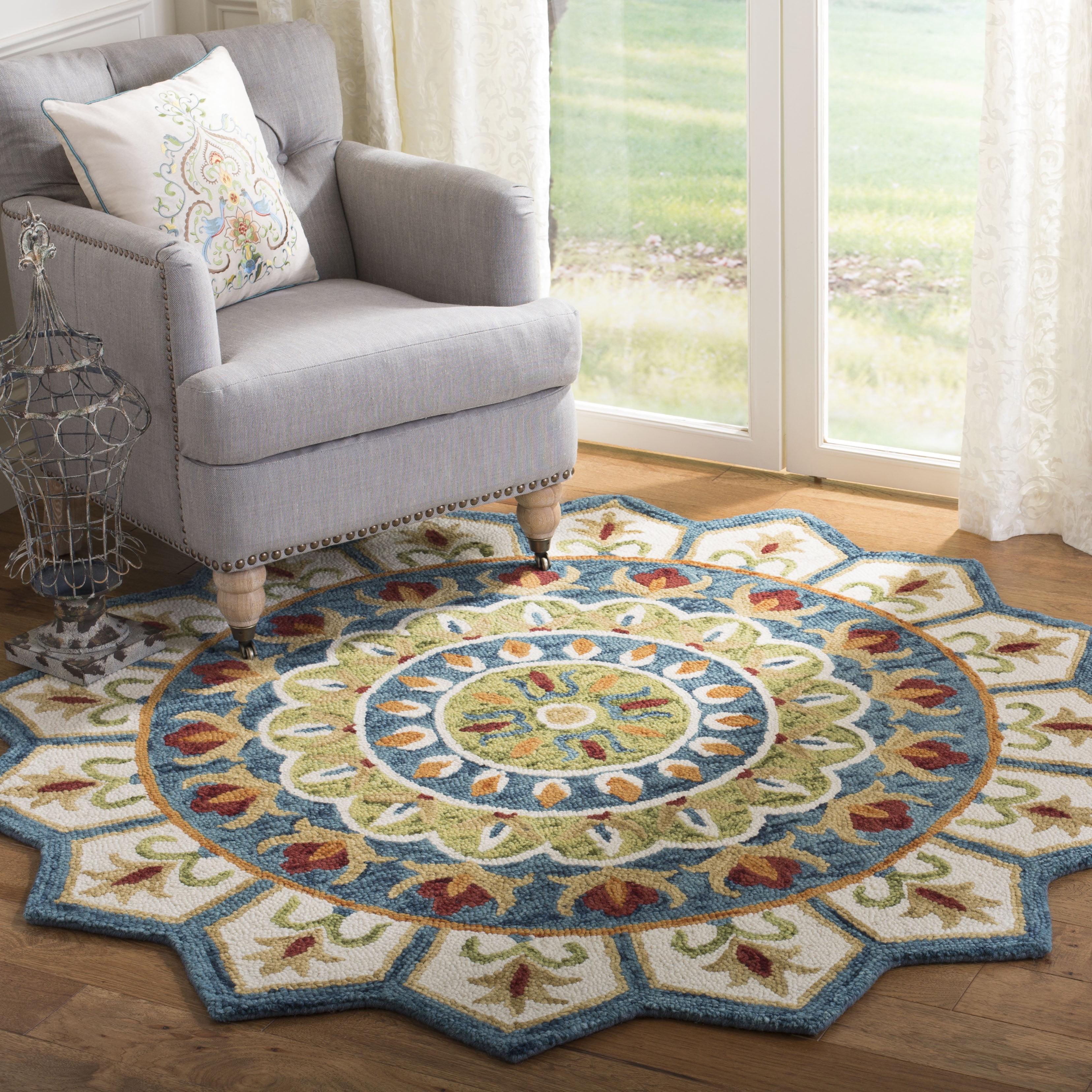 Handmade Blue and Ivory Floral Tufted Wool Round Rug