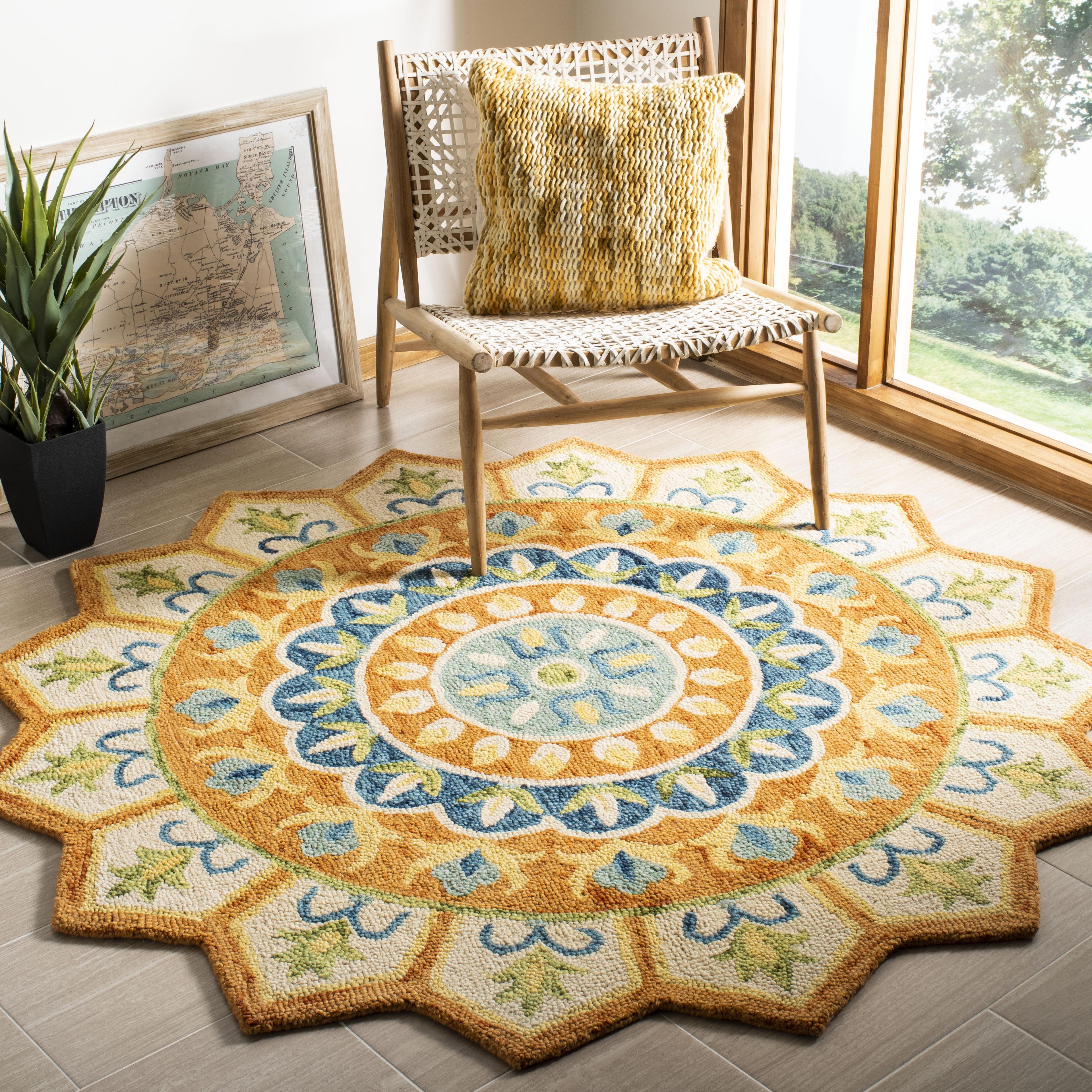 Handmade Tufted Round Rust/Ivory Floral Wool Rug, 6' x 6'