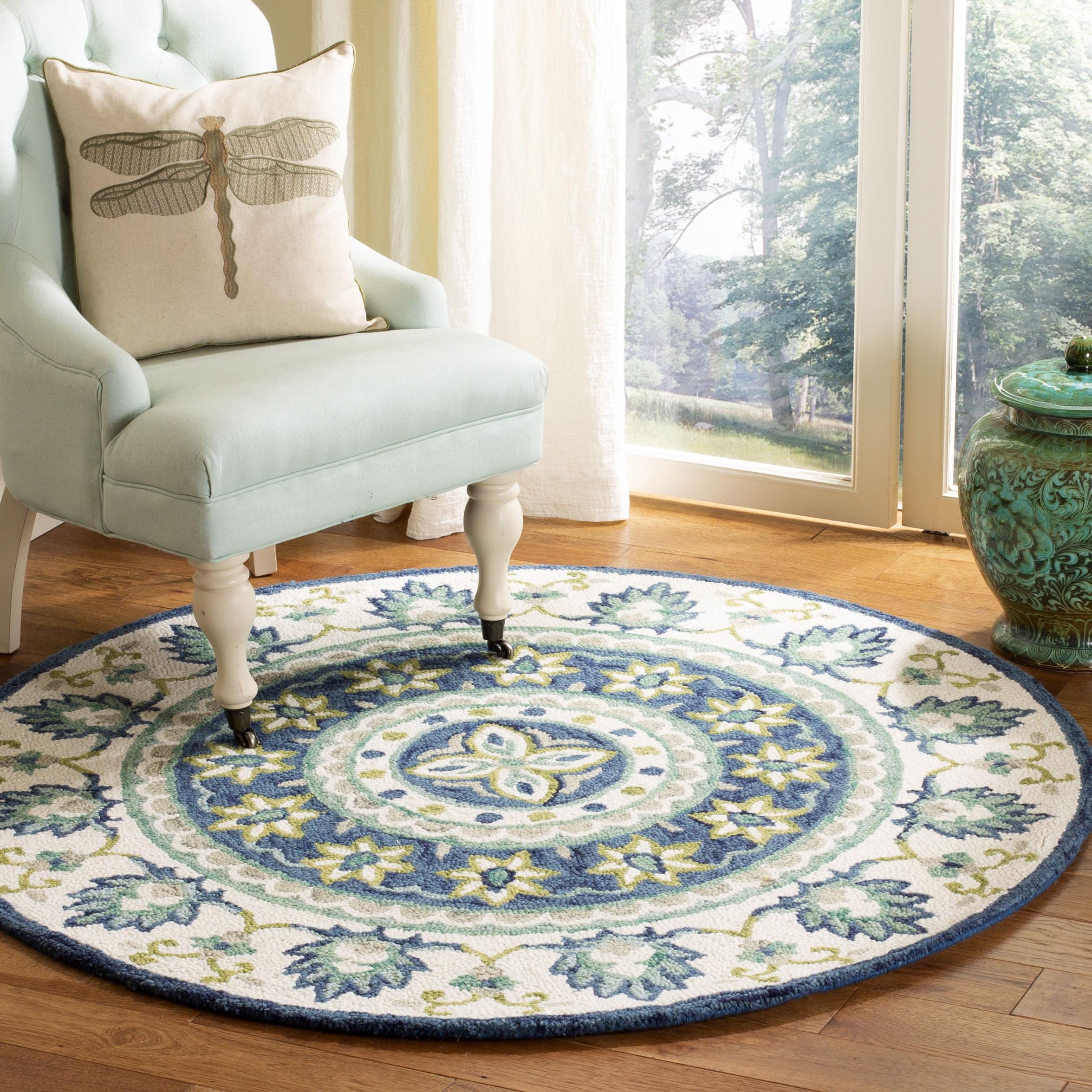 Ivory and Blue Floral Round Wool Area Rug