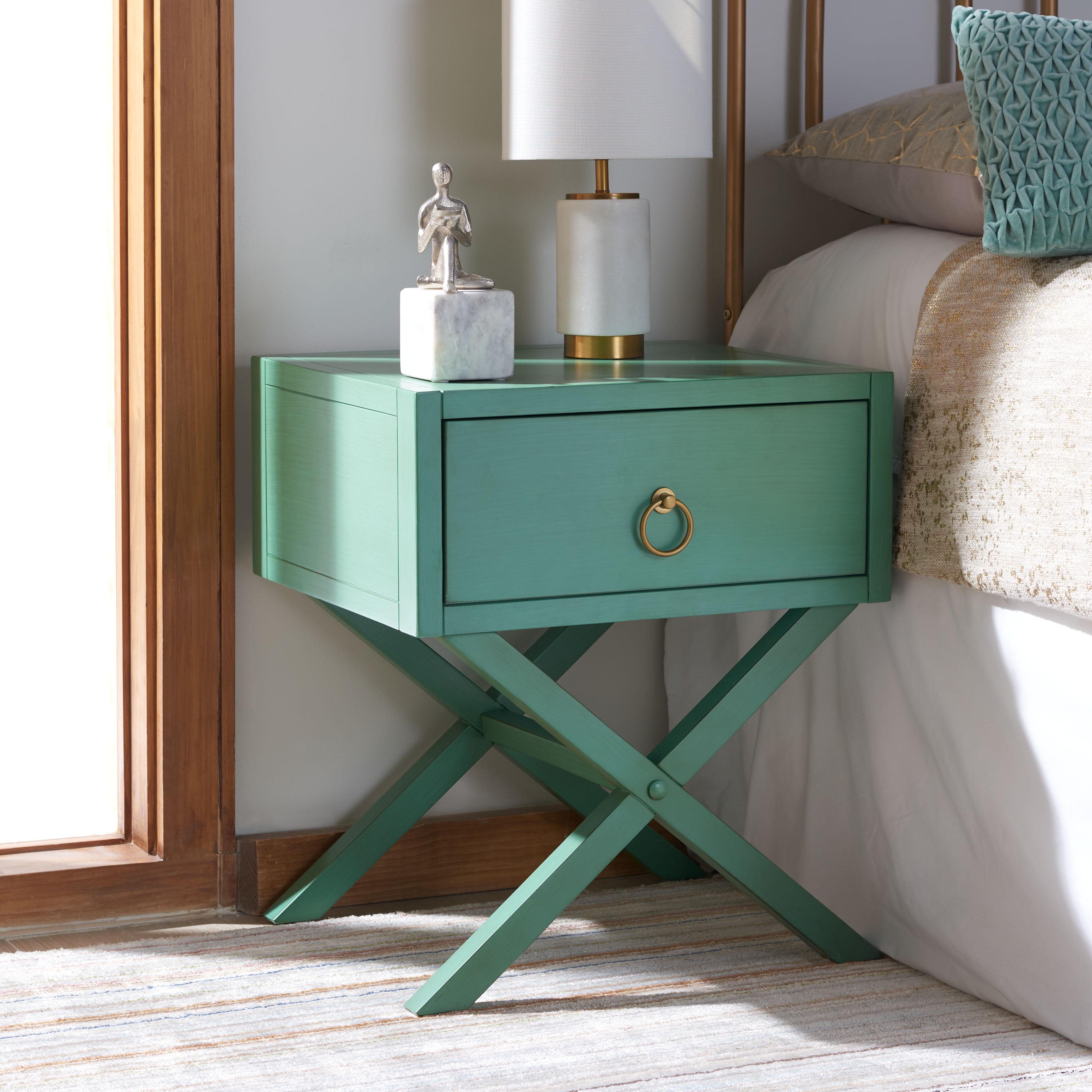 Odilia Turquoise Acacia Wood 1-Drawer Nightstand with Gold Pull