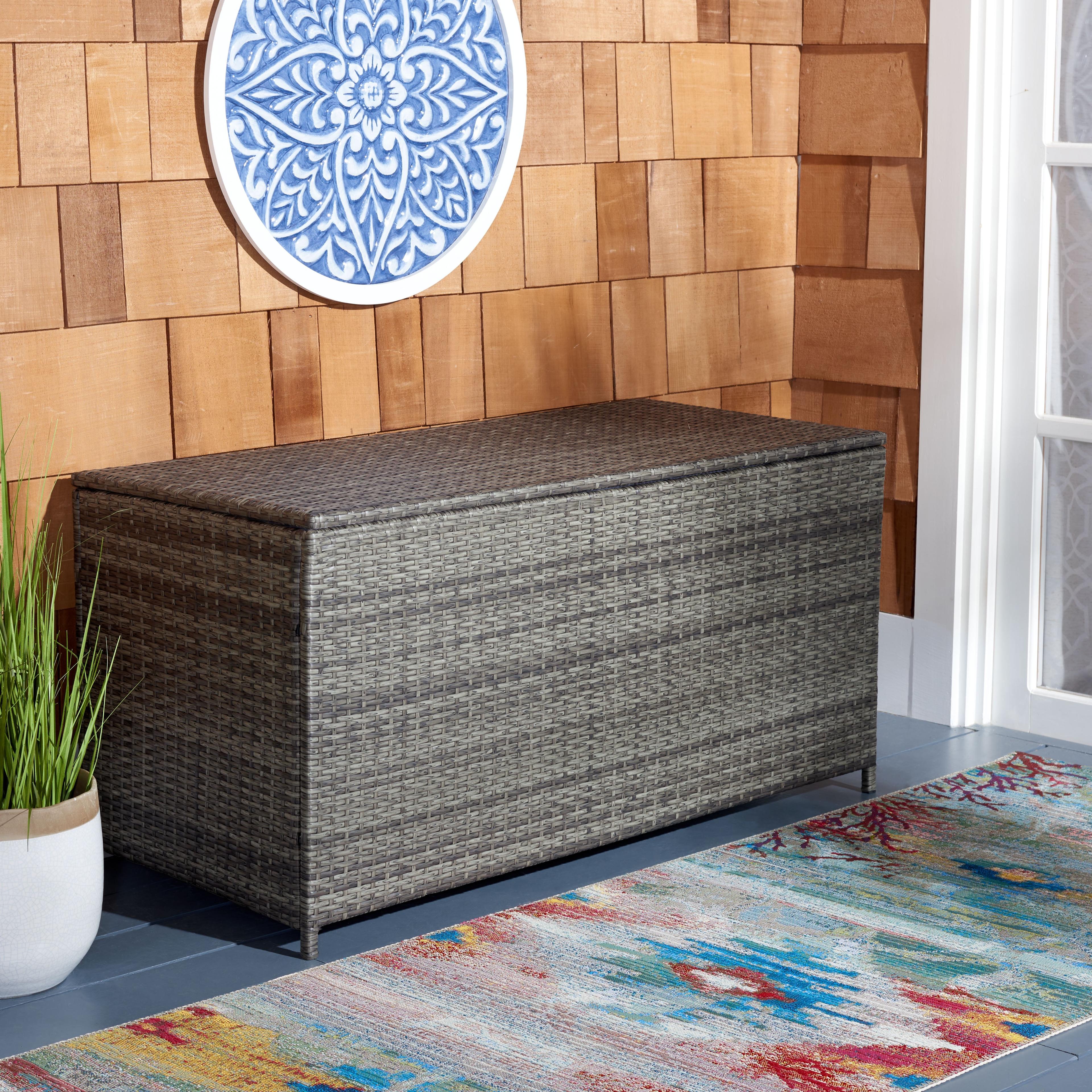Oliveira Outdoor Cushion Deck Box - Grey Brown/White Cushion - Safavieh