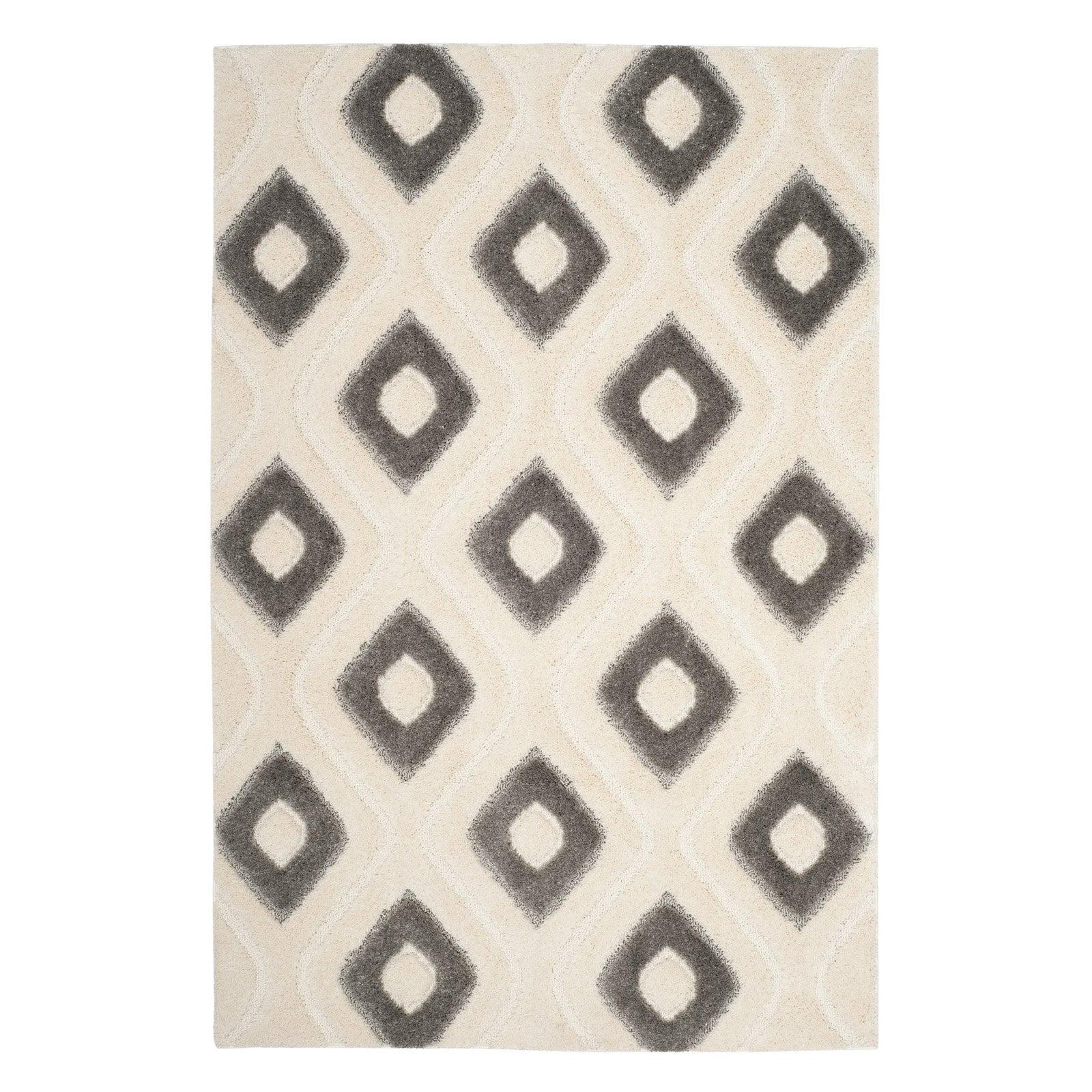 Cream and Grey Geometric Shag Area Rug, 4' x 6'