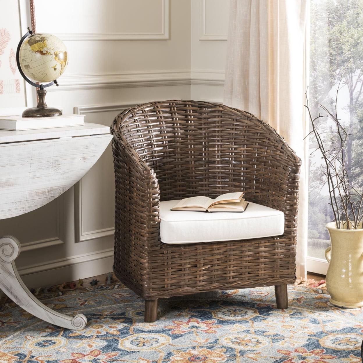 Transitional Rattan and Mango Wood Barrel Chair with Cushion - Brown