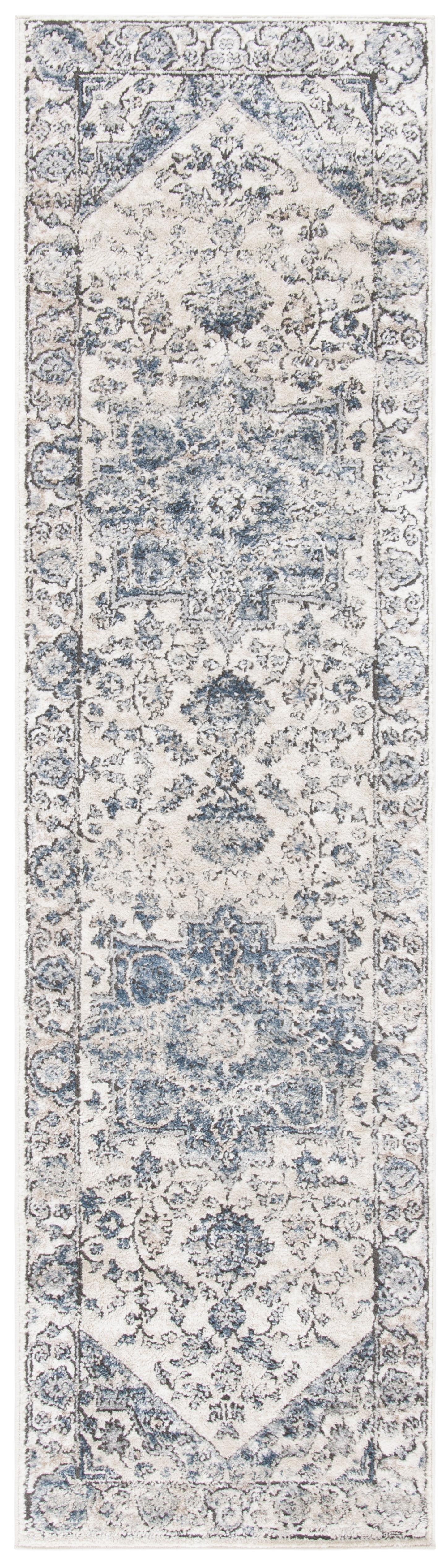 Ivory and Blue Medallion Synthetic Runner Rug