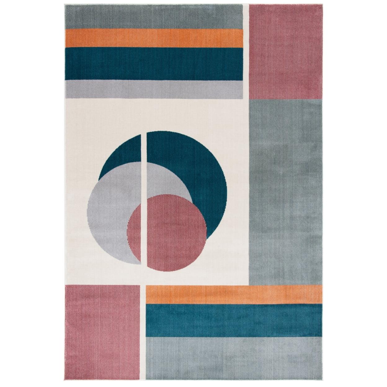 Beige and Dark Teal Abstract Rectangular Stain-Resistant Rug