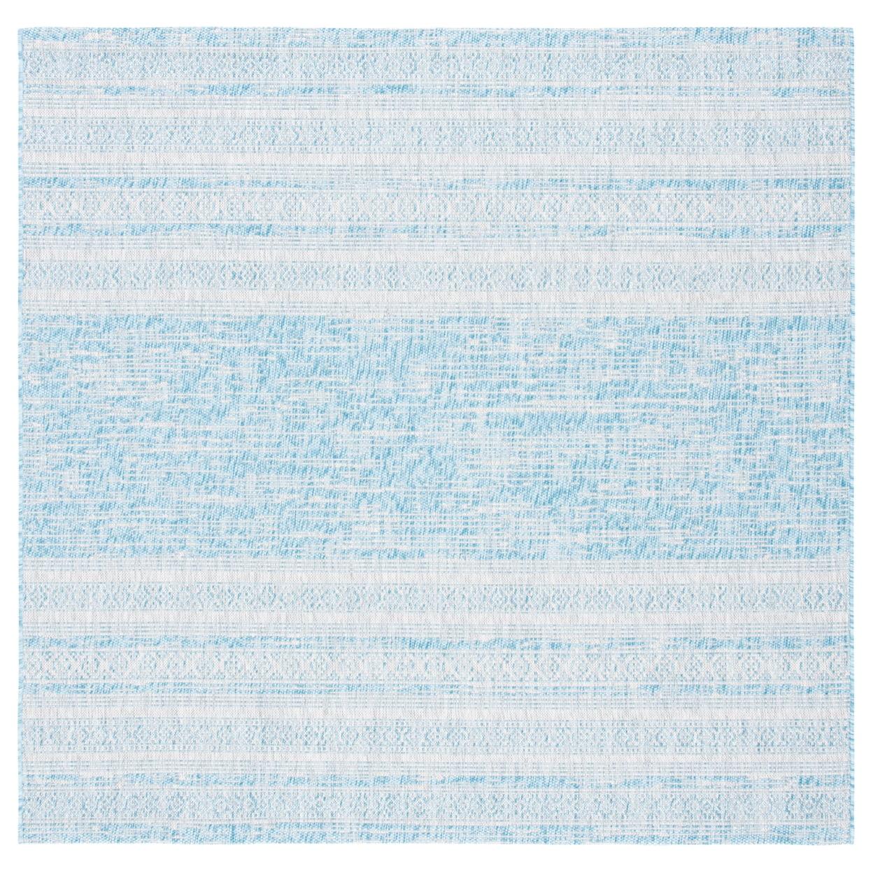 Aqua and Grey Synthetic 6'7" Square Non-Slip Outdoor Rug