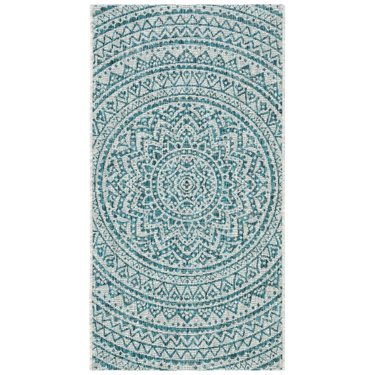 Light Grey & Teal Square Synthetic Indoor/Outdoor Rug - 31"