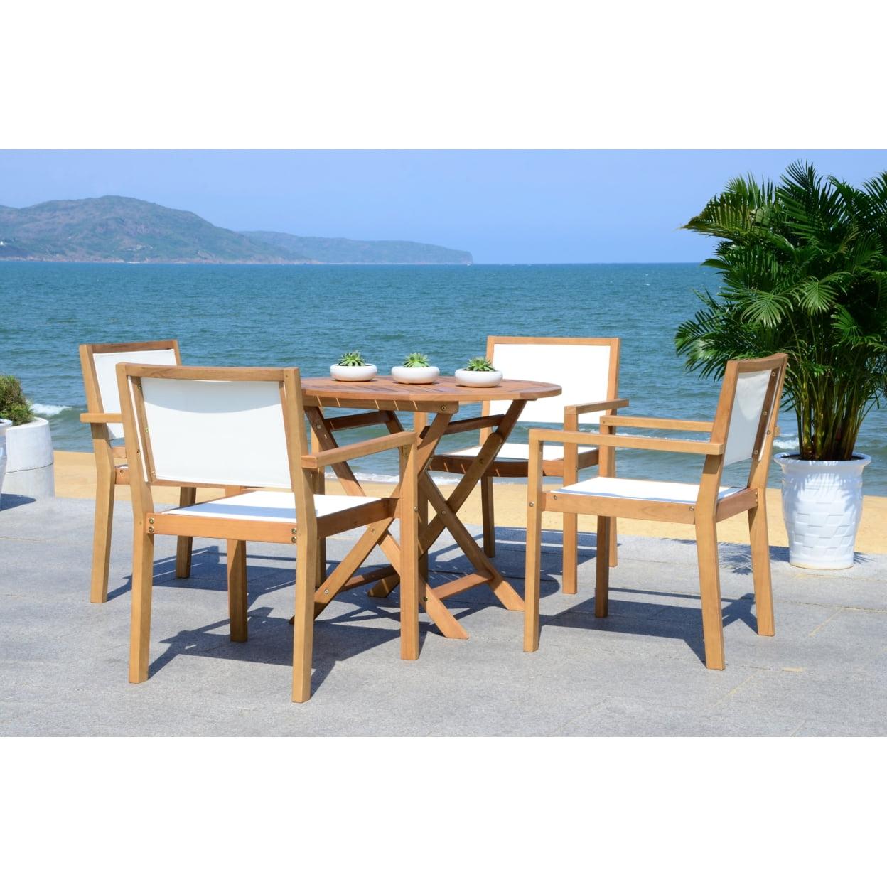 Chante Light Wood Round Outdoor Dining Set with Cream Upholstery