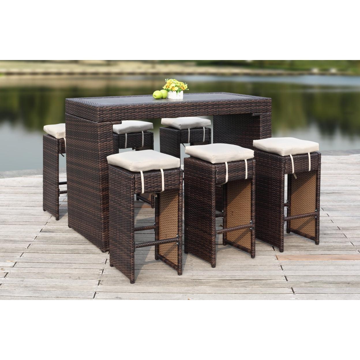 Brown and Sand Six-Seater Outdoor Rattan Bar Set