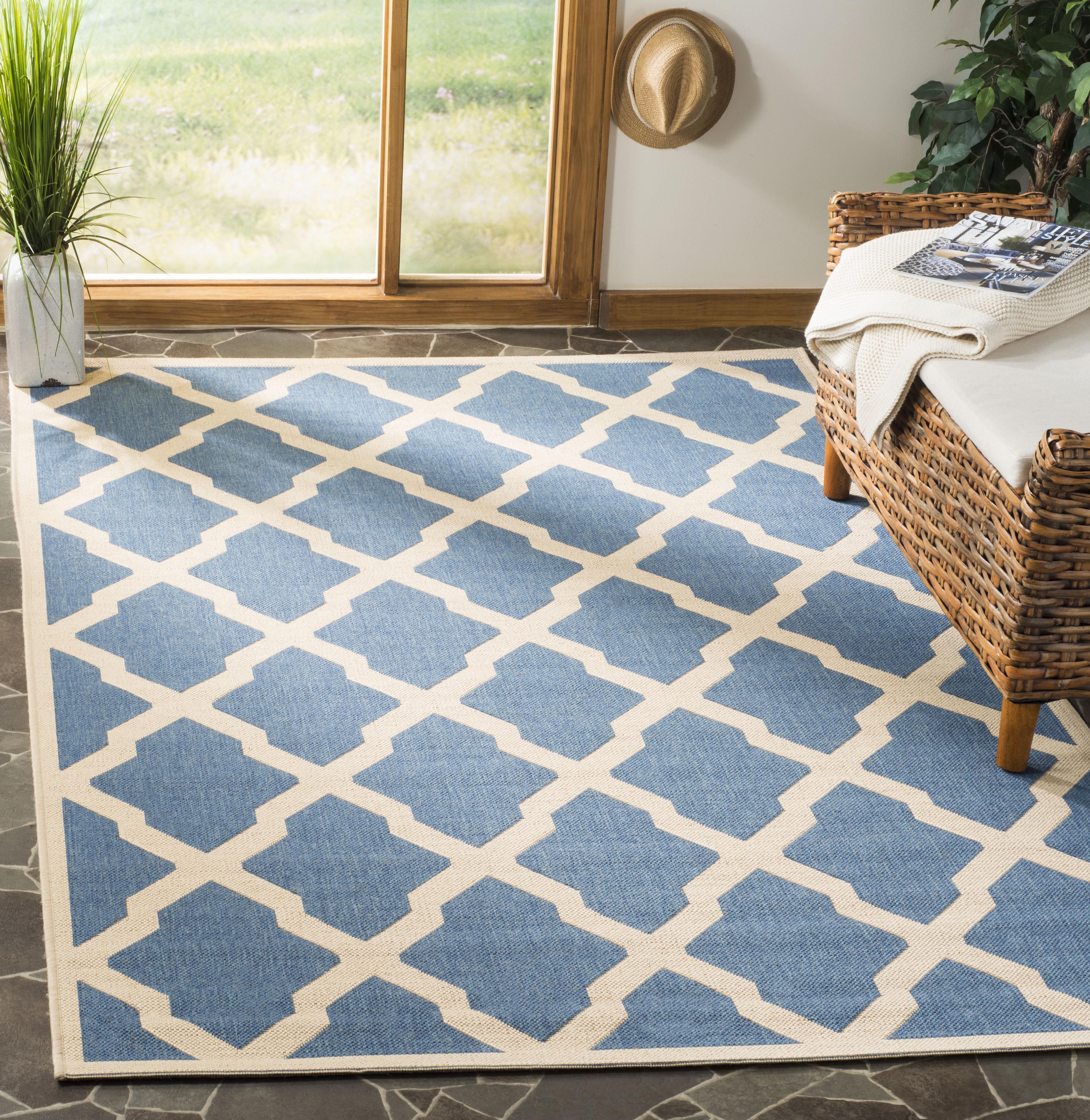 Linden 6'7" Square Blue and Creme Geometric Synthetic Rug