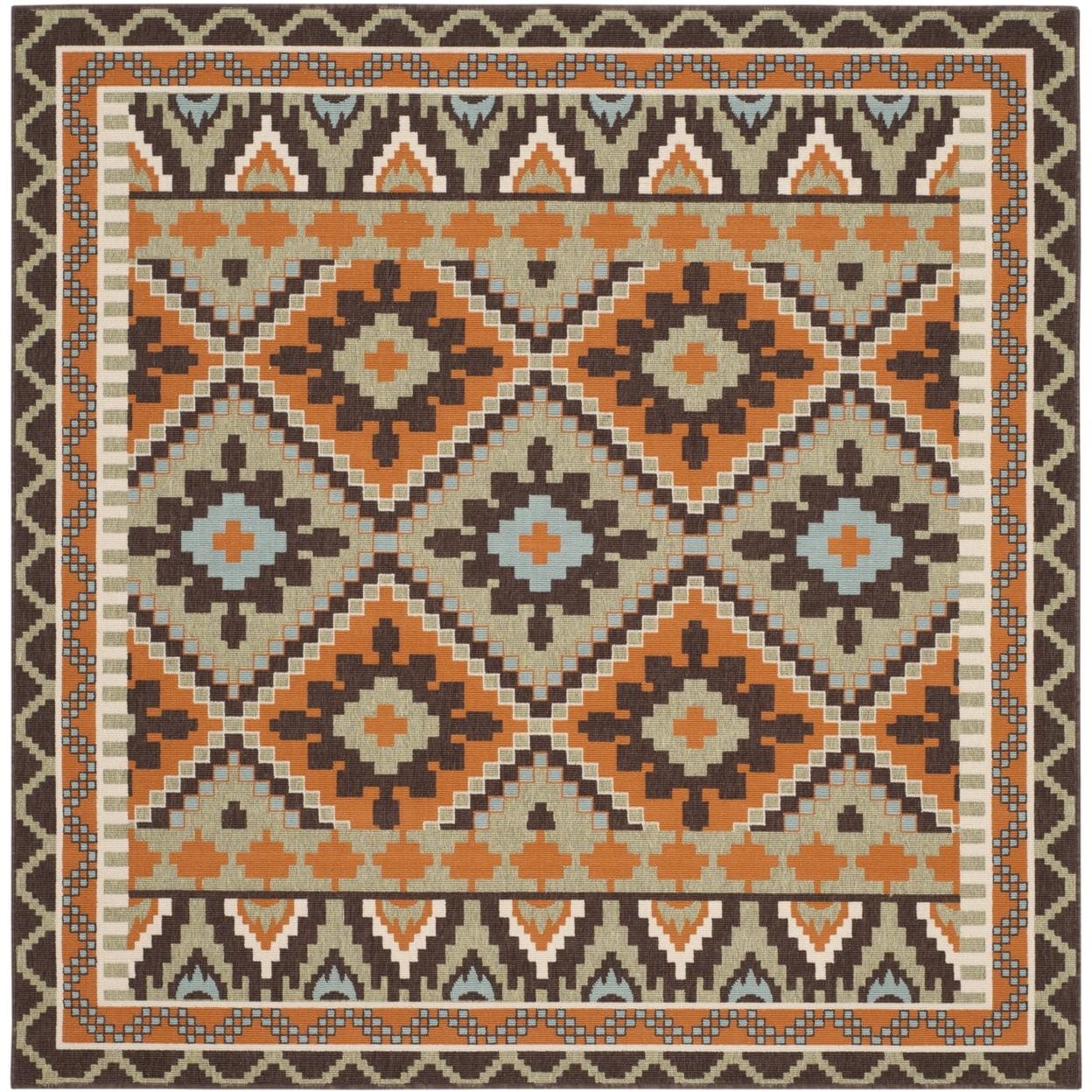 Veranda Green & Terracotta 5'3" Square Synthetic Outdoor Rug