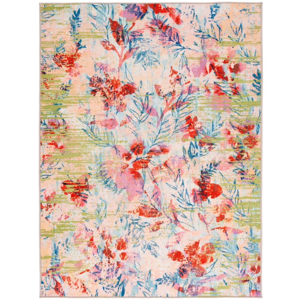 Blue and Pink Abstract Floral Machine Washable Area Rug